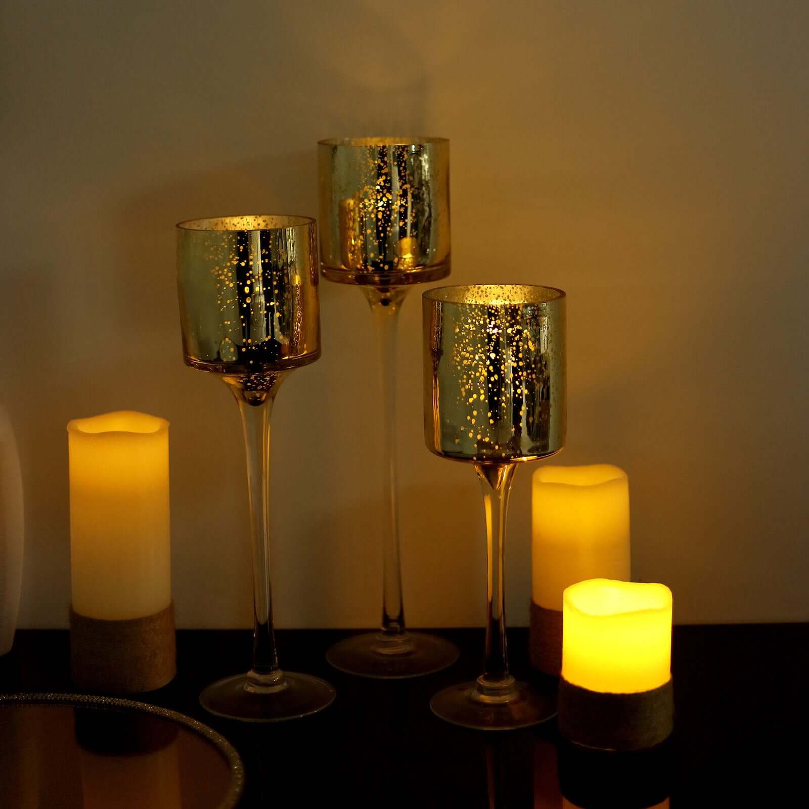 Set of 3 Glass Cylinder Vases Long Stem Gold - Decorative Candle Holder Floral Centerpieces 12", 14", 16"