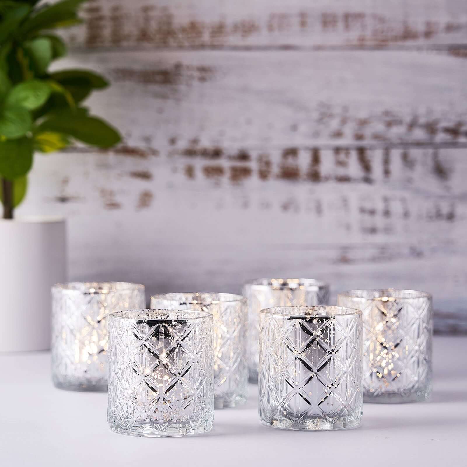 6-Pack Mercury Glass Candle Holders Shiny Silver with Geometric Design - Votive Tealight Holders 3"