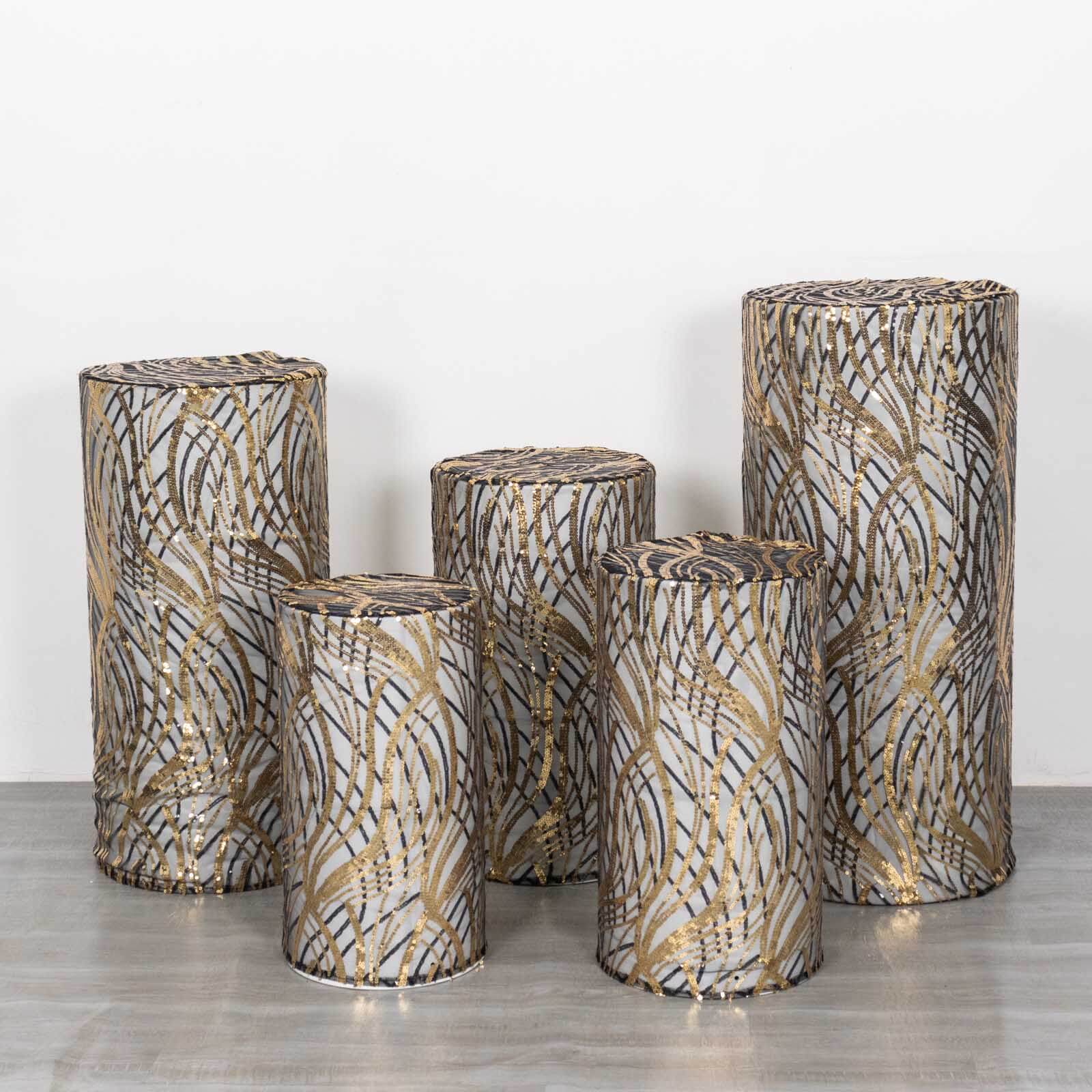 Set of 5 Black Wave Mesh Cylinder Pedestal Stand Covers with Embroidered Sequins, Pillar Prop Covers - 160 GSM