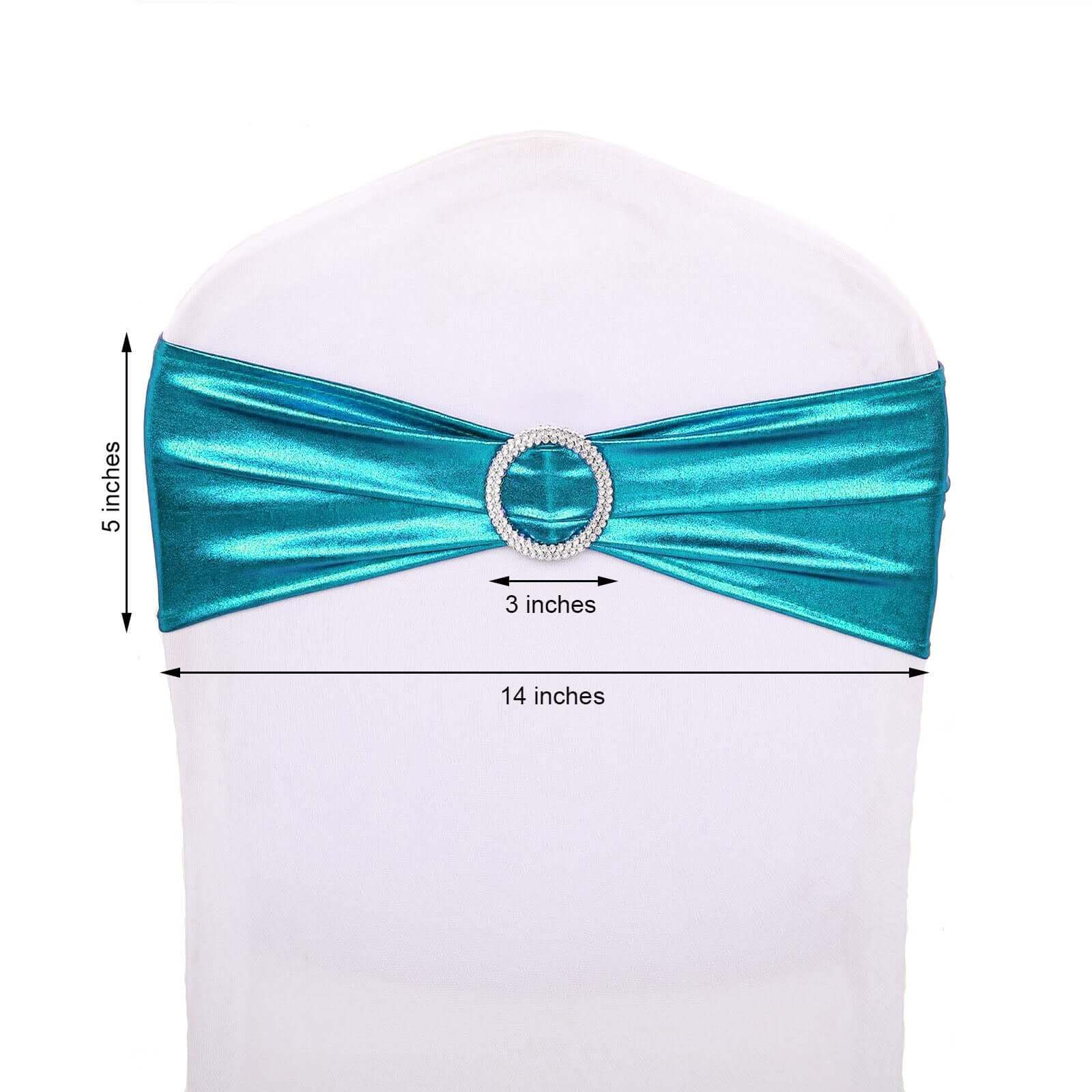 5 Pack Metallic Spandex Chair Sashes Peacock Teal - Stretch Fit Chair Bands With Round Diamond Buckles