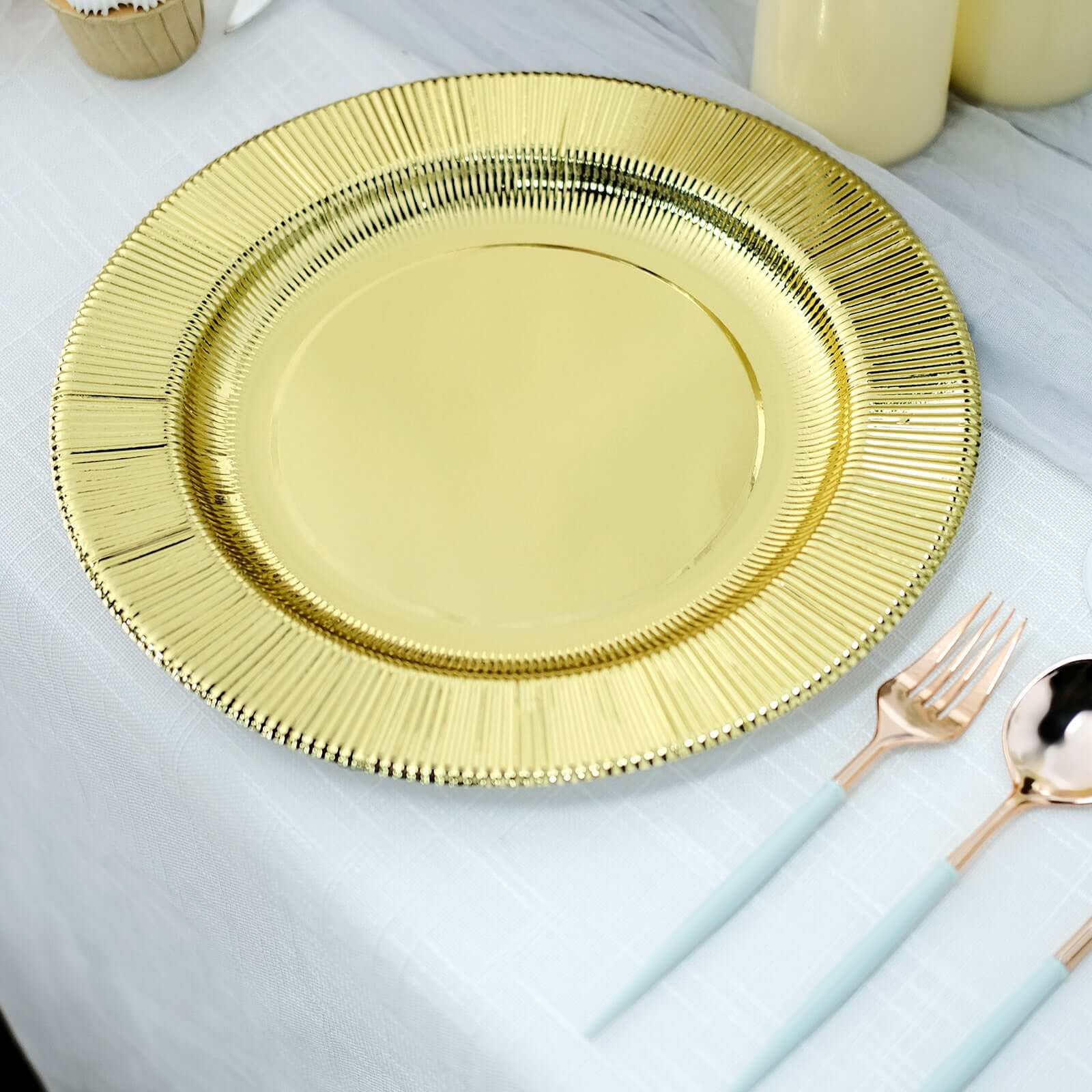 25-Pack Disposable Round Charger Plates in Metallic Gold Sunray Design - 350GSM Heavy Duty Paper Chargers for Chic Table Settings 13"