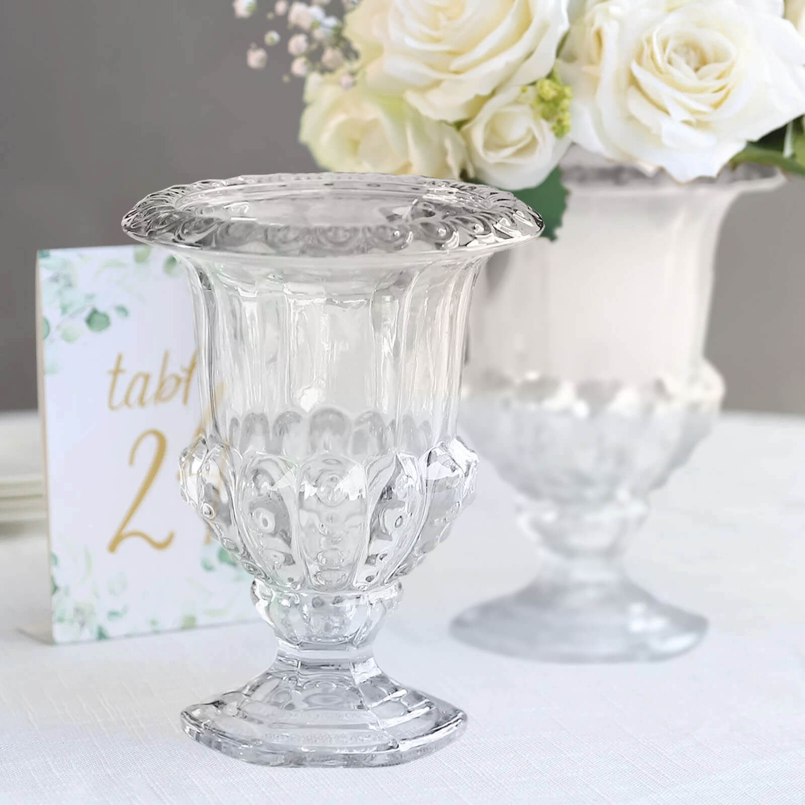 2-Pack Glass Mini Pedestal Flower Vases in Classic Roman Urn Style Clear - Sophisticated Wedding Table Centerpieces 8"