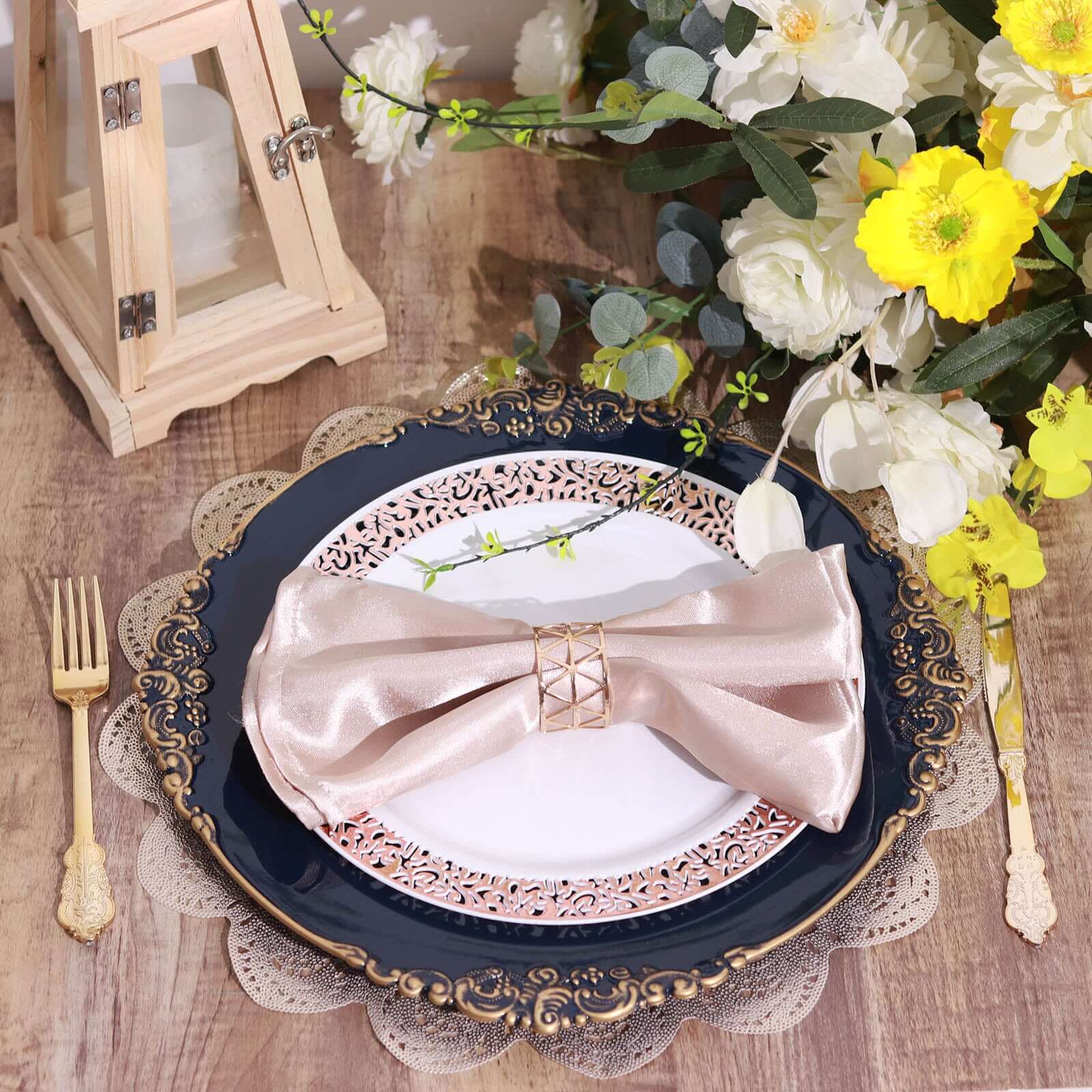 6-Pack Acrylic Round Charger Plates 13" in Navy Blue with Gold Embossed Baroque Rim, Antique Decorative Dinner Party Charger Tableware