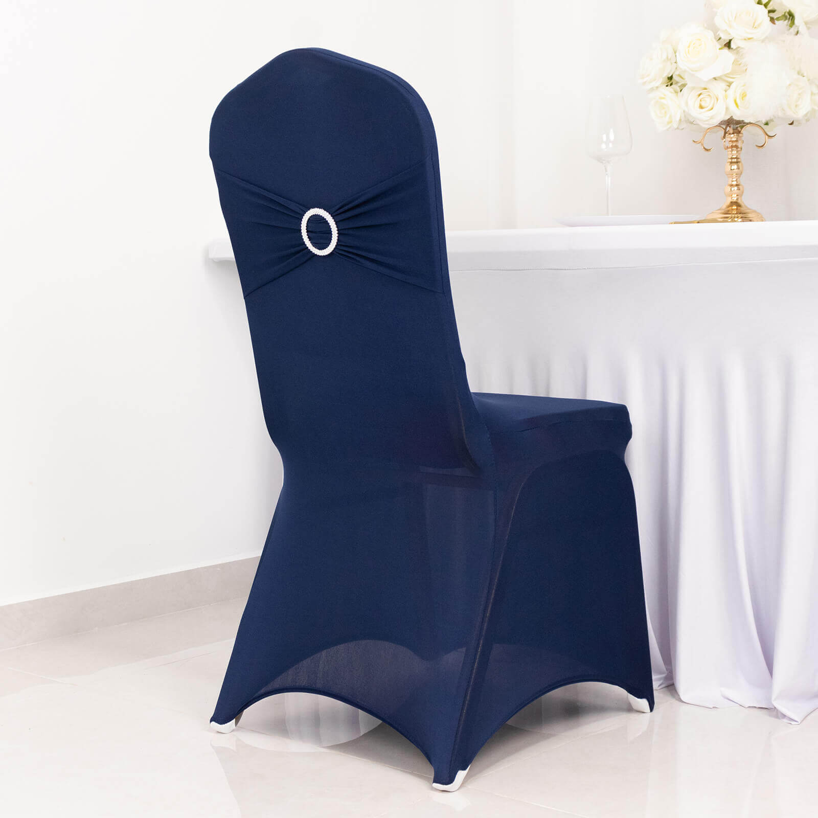 Spandex Chair Cover with Navy Blue Rhinestone Buckled Sash Band Blush - Stretch Fitted Slipcover