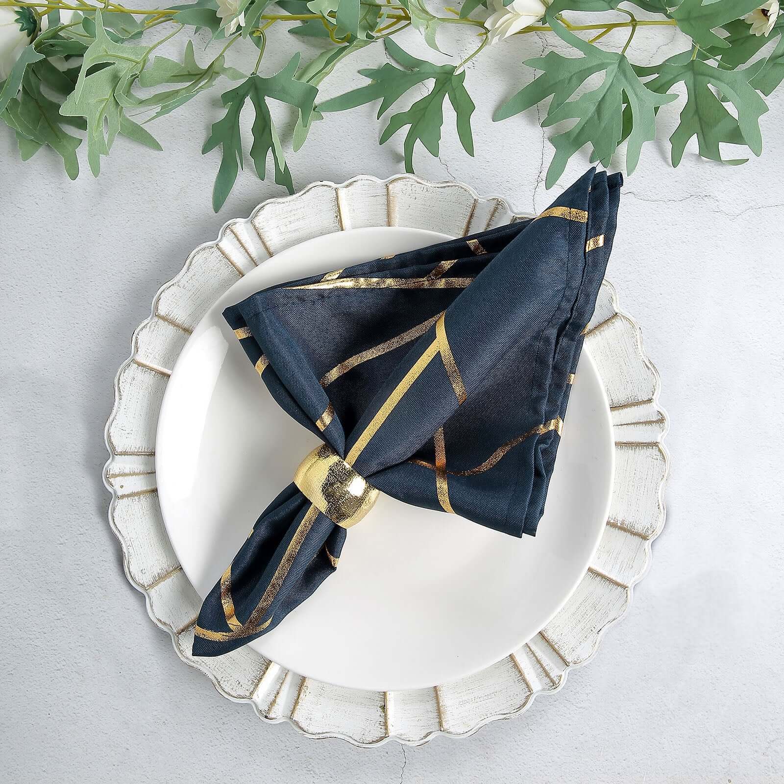 5 Pack Polyester 20"x20" Napkins Navy Blue with Gold Geometric Foil Pattern - Modern Reusable Dinner Napkins