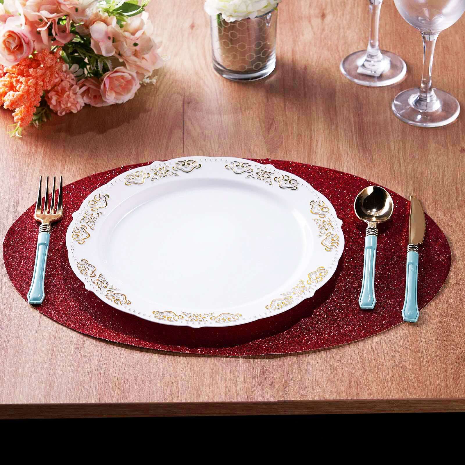 6-Pack Placemats Glitter Design Burgundy Sparkle Oval - Non-Slip Decorative Table Mats for Dining 12"x18"