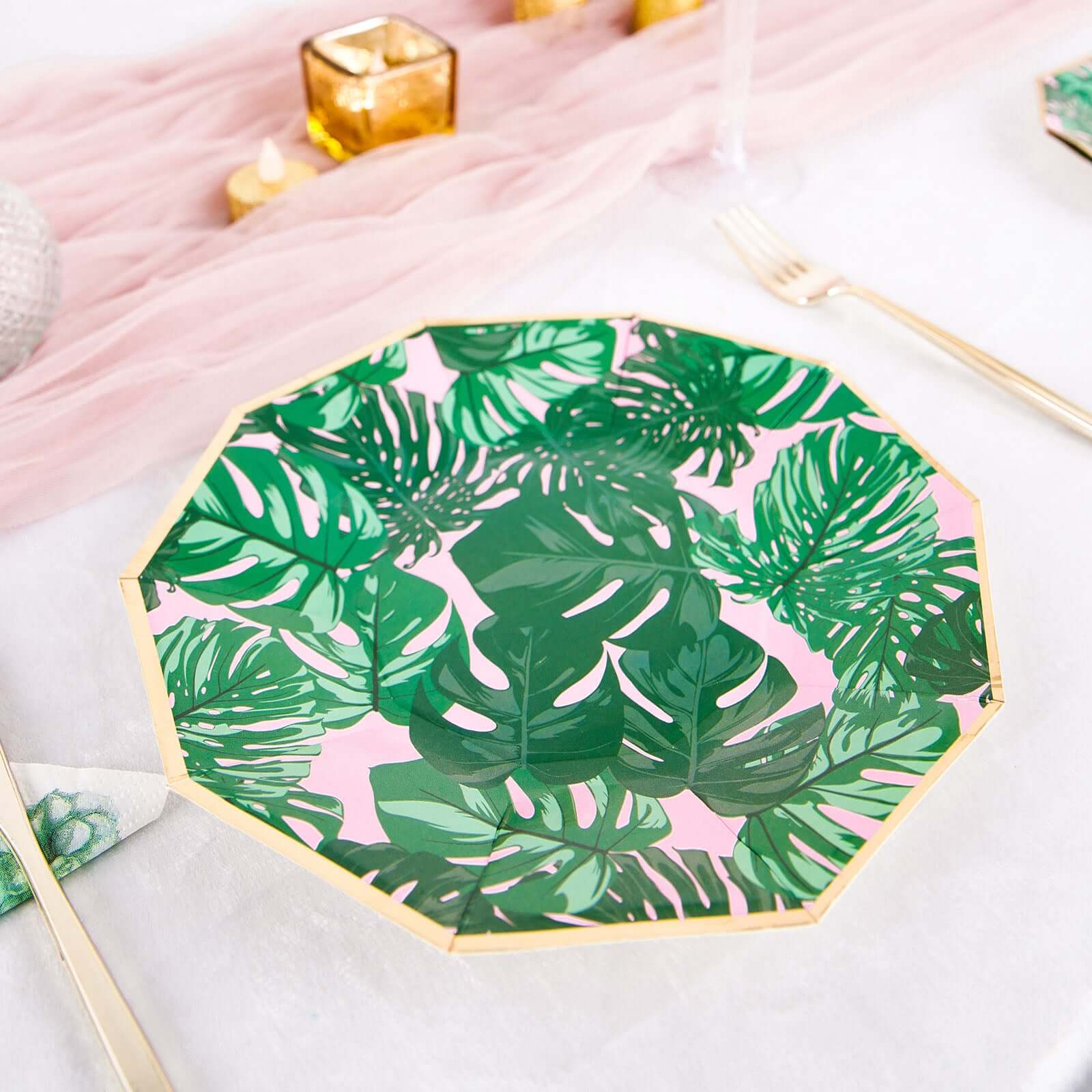25-Pack Paper 9" Decagon Dinner Plates in Pink with Green Tropical Palm Leaves & Gold Rim - Disposable Geometric Party Plates for Luau & Summer Gatherings