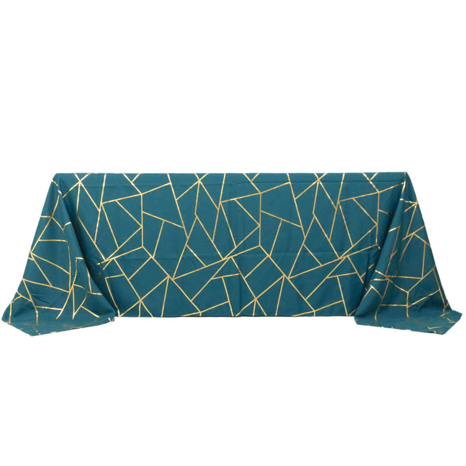 90"x132" Peacock Teal Seamless Rectangle Polyester Tablecloth With Gold Foil Geometric Pattern for 6 Foot Table With Floor-Length Drop