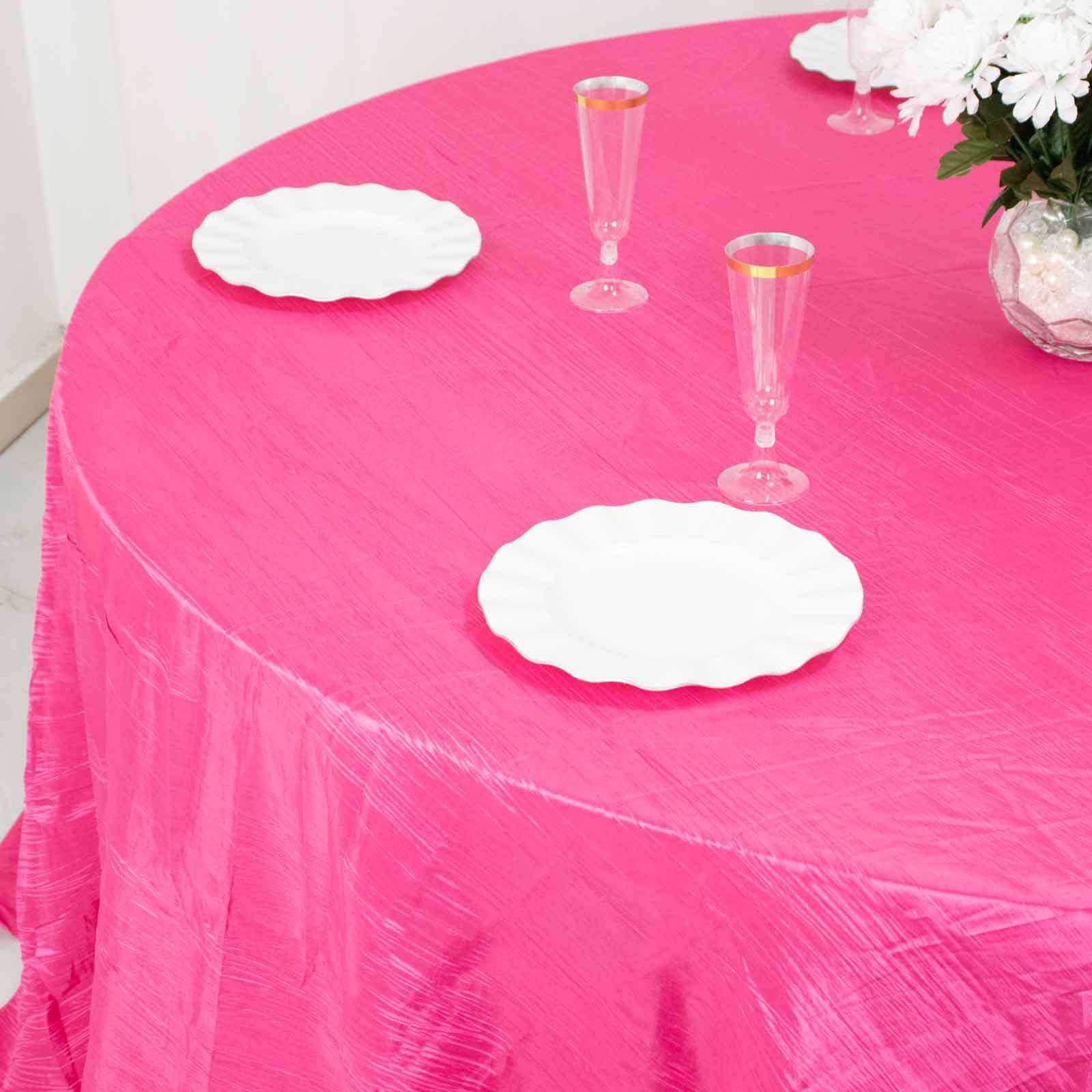 Taffeta 132" Round Tablecloth Fuchsia - Seamless Accordion Crinkle Table Cover