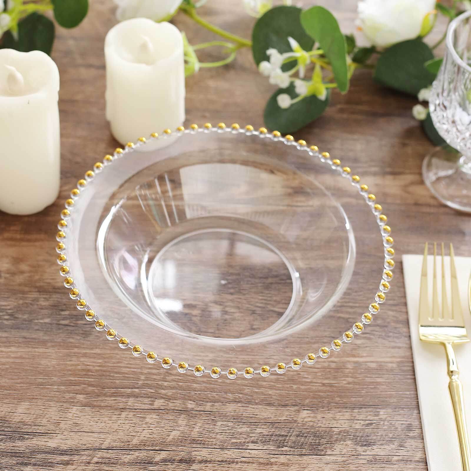 10-Pack Plastic Dessert Salad Bowls Clear Round Design with Gold Beaded Rim - Disposable Soup Bowls 12oz