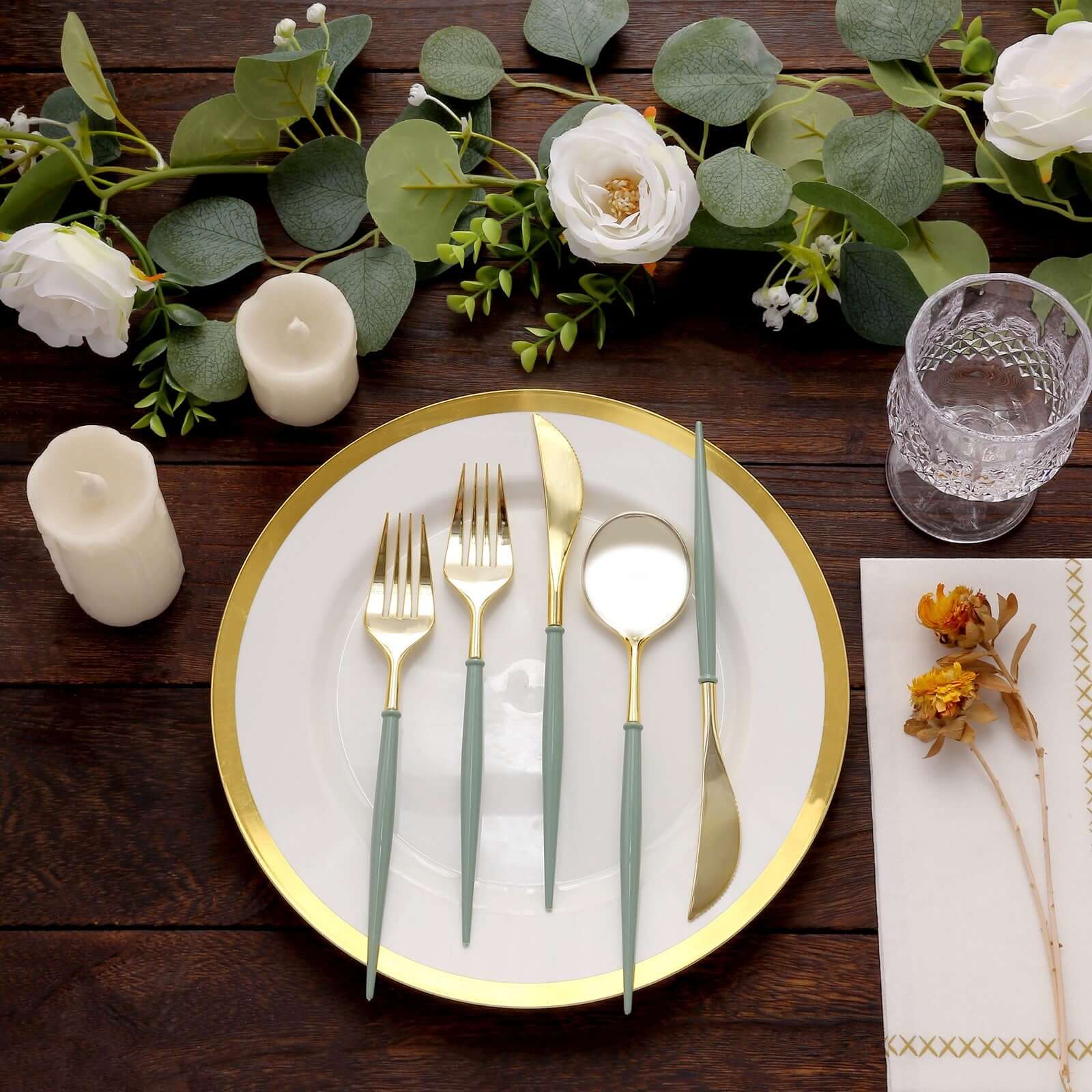 24-Pack Plastic Flatware Set in Metallic Gold with Dusty Sage Green Handle - Heavy Duty Disposable Modern Silverware 8"
