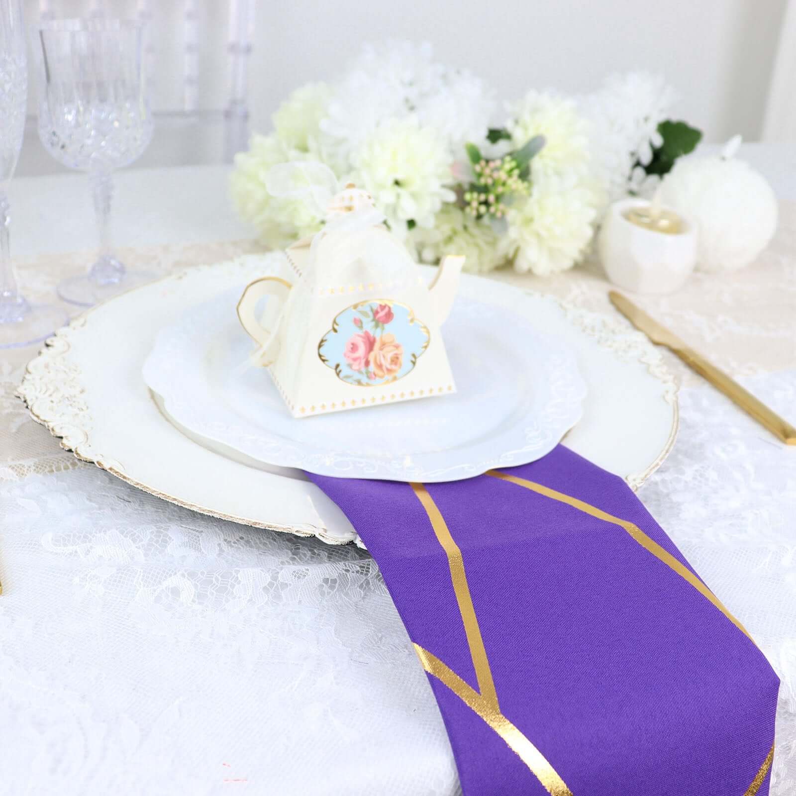 5 Pack Polyester 20"x20" Napkins Purple with Gold Geometric Foil Pattern - Modern Reusable Dinner Napkins
