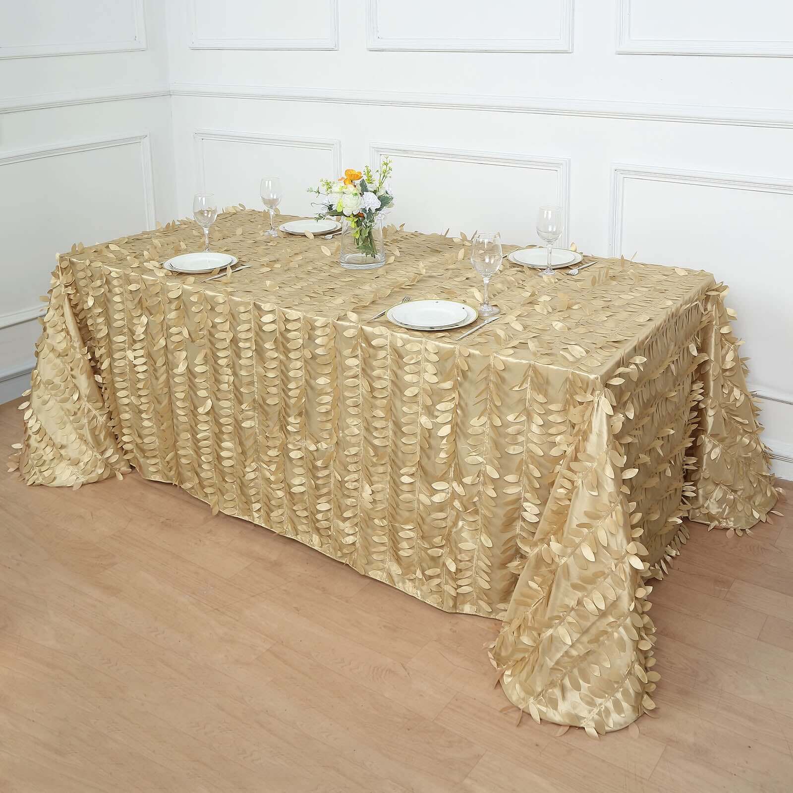 Taffeta 90"x156" Rectangle Tablecloth Champagne | 3D Leaf Petal Design Seamless Table Cover