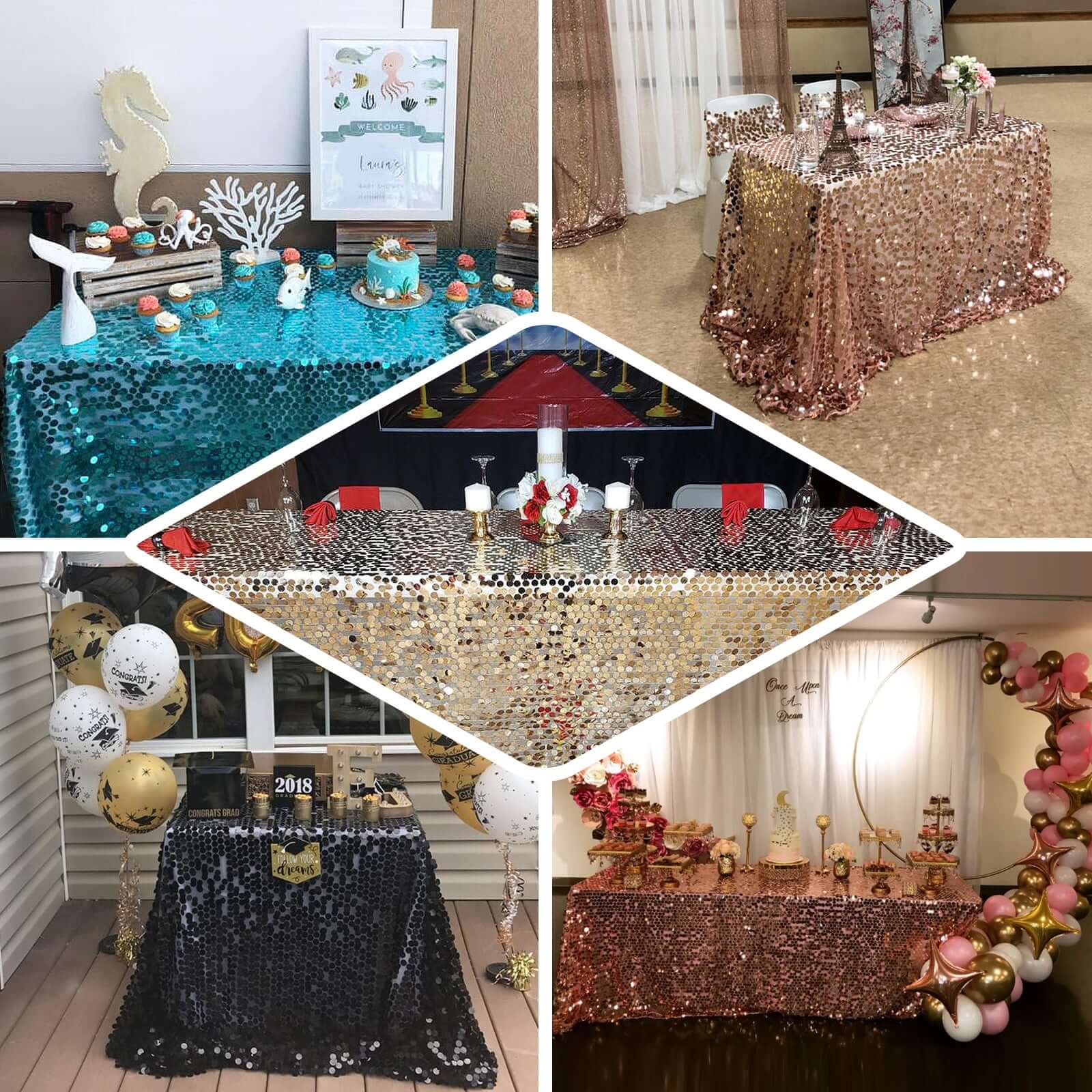 Sequin 90"x132" Rectangle Tablecloth Rose Gold - Seamless Big Payette Table Cover