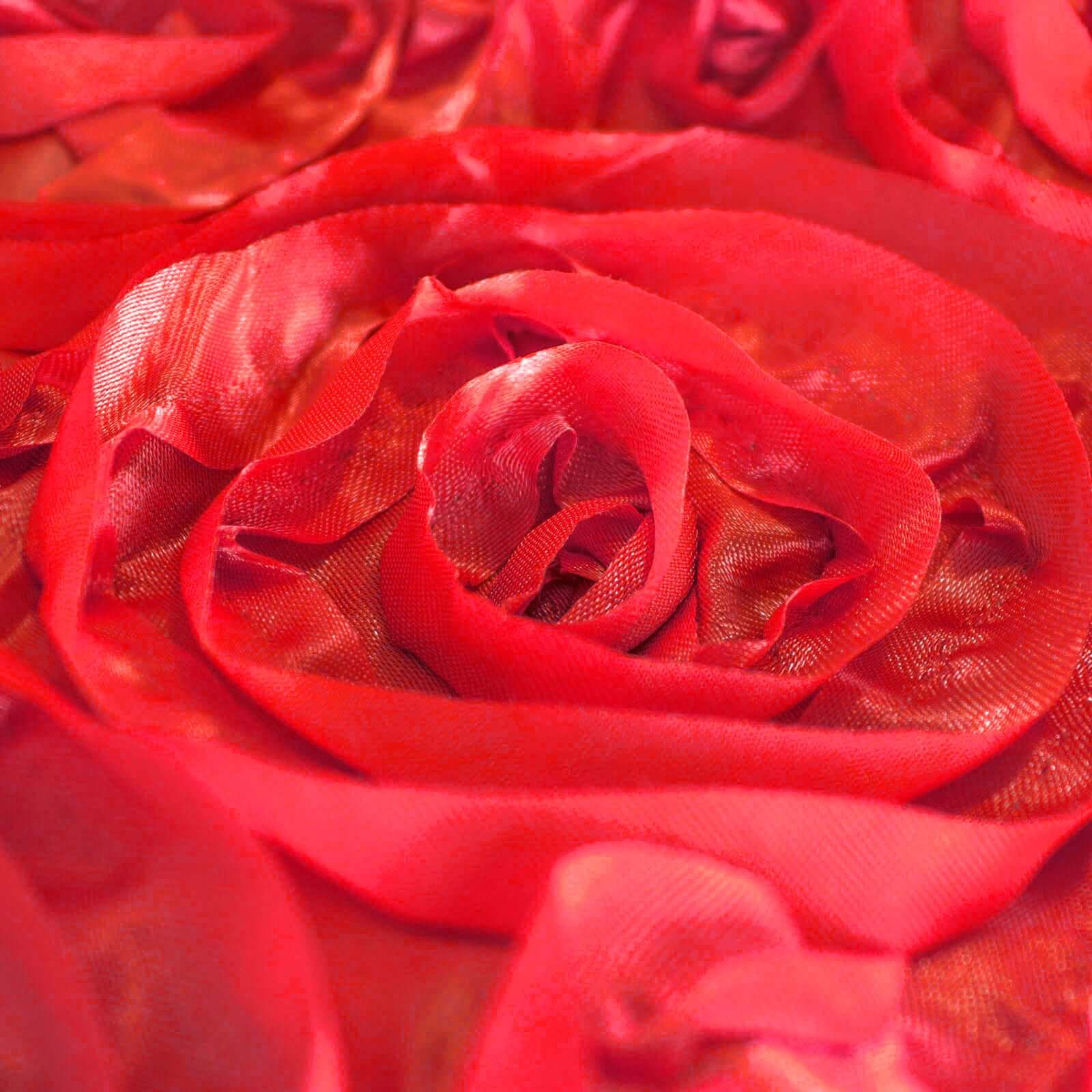 Satin 120" Round Tablecloth Red - Grandiose 3D Rosette with Seamless Finish Table Cover