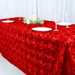 Satin 90"x132" Rectangle Tablecloth Red - Grandiose 3D Rosette Seamless Table Cover