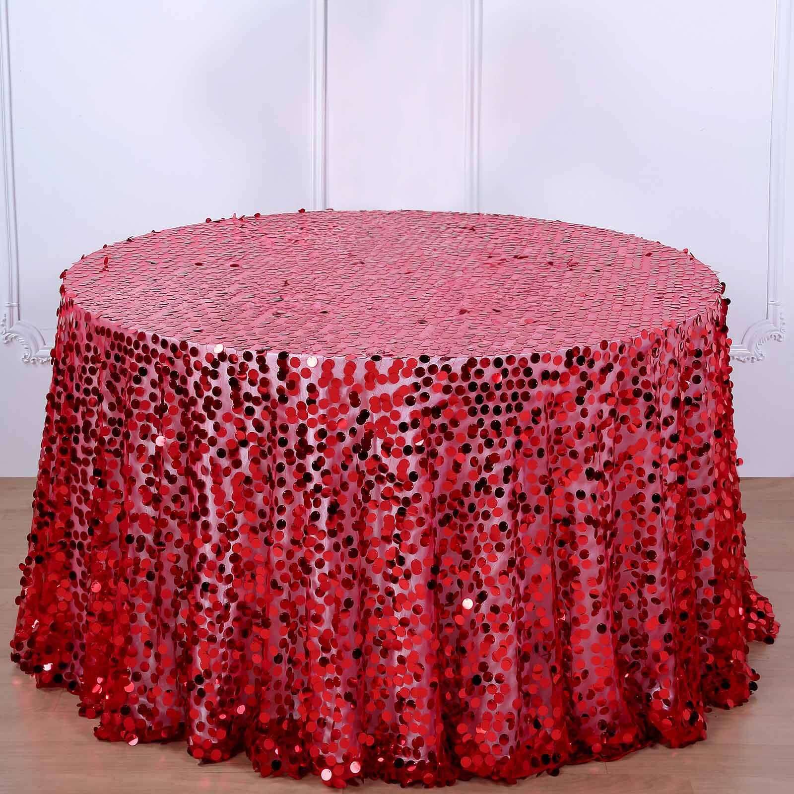 Sequin 120" Round Tablecloth Red - Seamless Big Payette Design Table Cover
