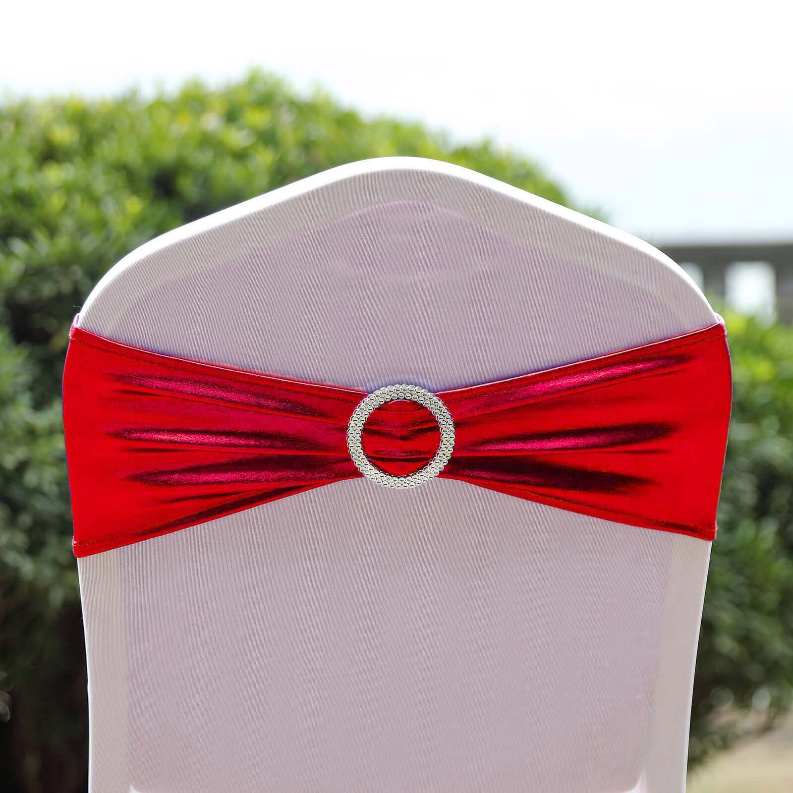 5 Pack Metallic Spandex Chair Sashes Red - Stretch Fit Chair Bands With Round Diamond Buckles