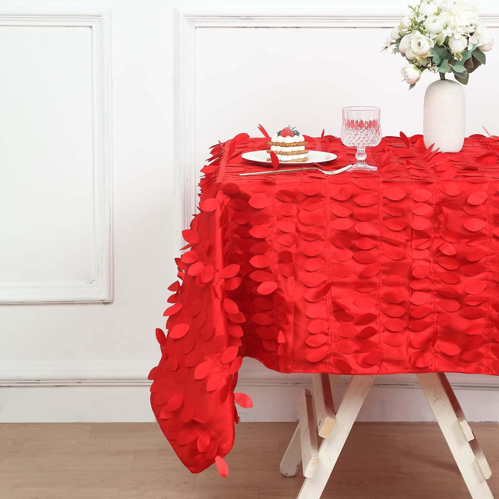 Taffeta 54"x54" Table Overlay Square Tablecloth Red 3D Leaf Petal Table Cover