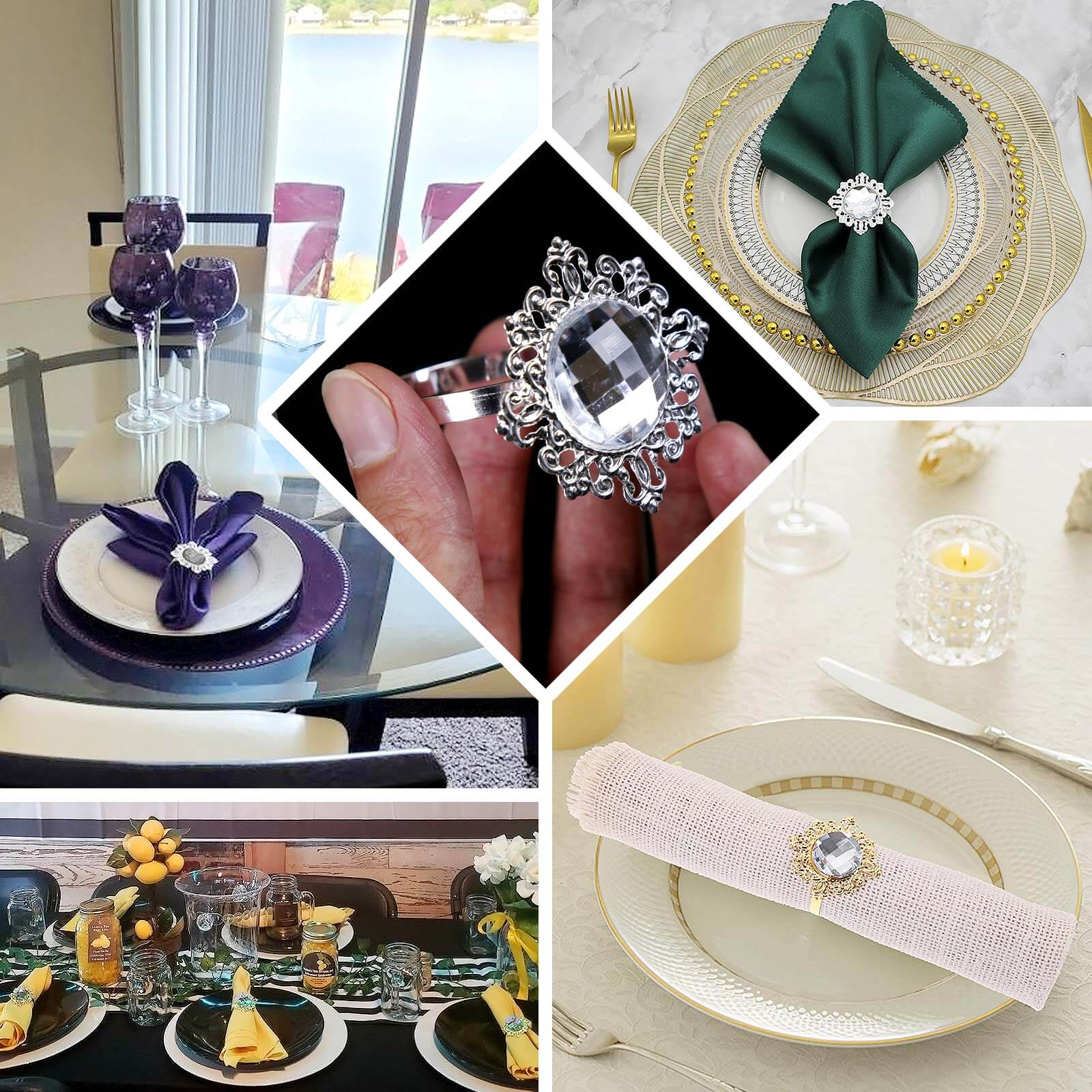 6 Pack 2" Gold Metal Clear Crystal Rhinestone Napkin Rings, Diamond Bling Napkin Holders