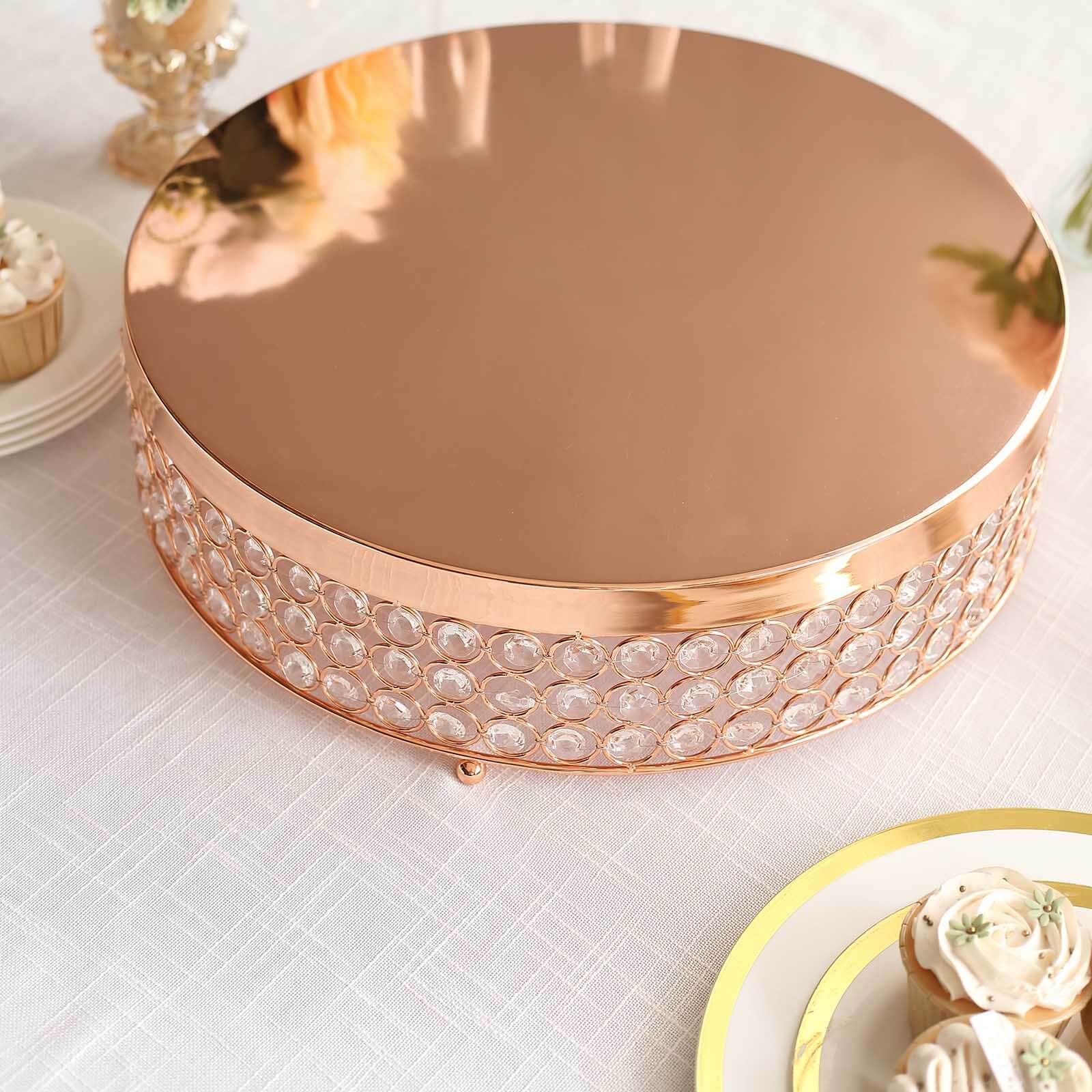 Metal Cake Stand Pedestal Crystal Beaded Design Rose Gold - Cupcake Display and Dessert Riser 16"