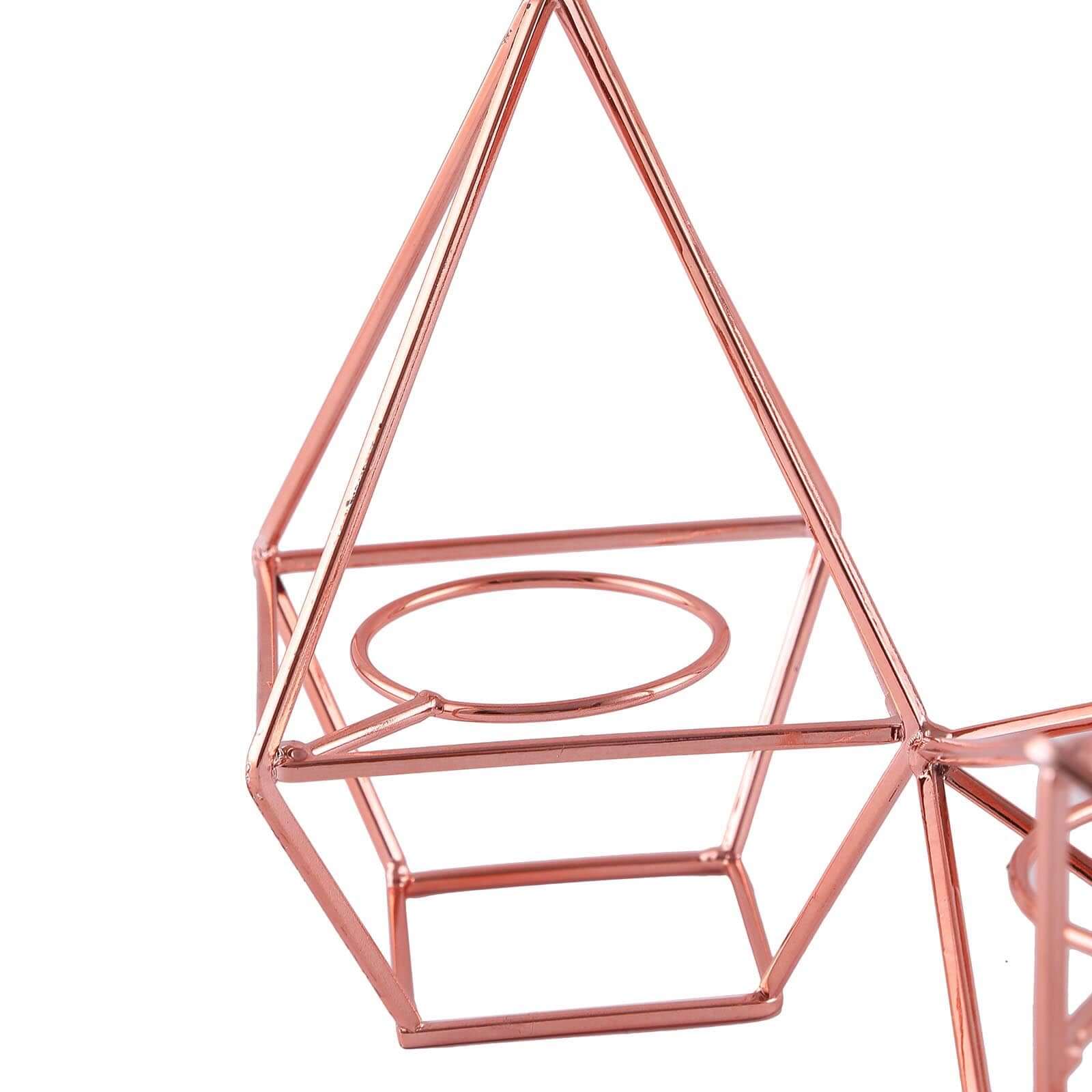 Set of Metal Candle Holders Linked Geometric Design Rose Gold - Modern Votive Glass Decor for Tables & Gatherings 16"