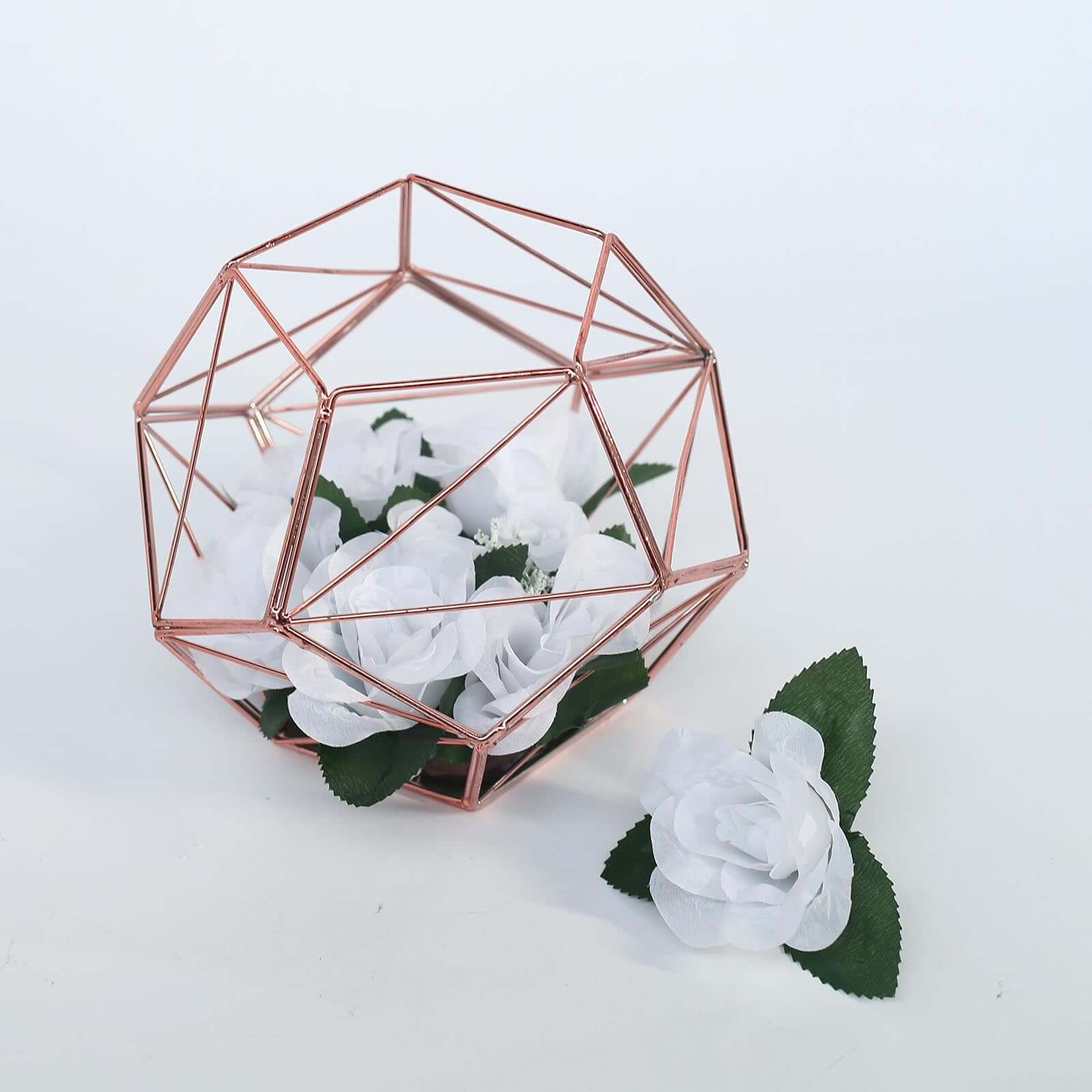 Tealight Candle Holder Rose Gold Metal Pentagon Prism Geometric Open Frame - Flower Stand 7"