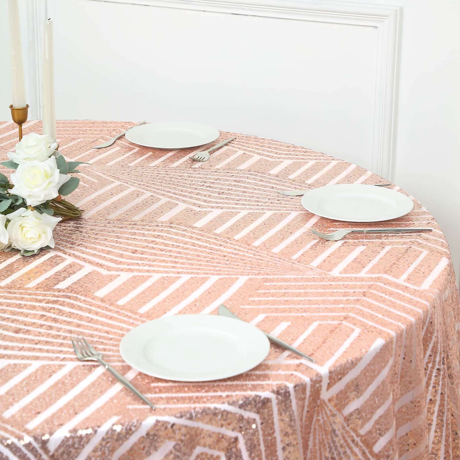 Sequin 120" Round Tablecloth Rose Gold - Seamless Diamond Glitz Table Cover