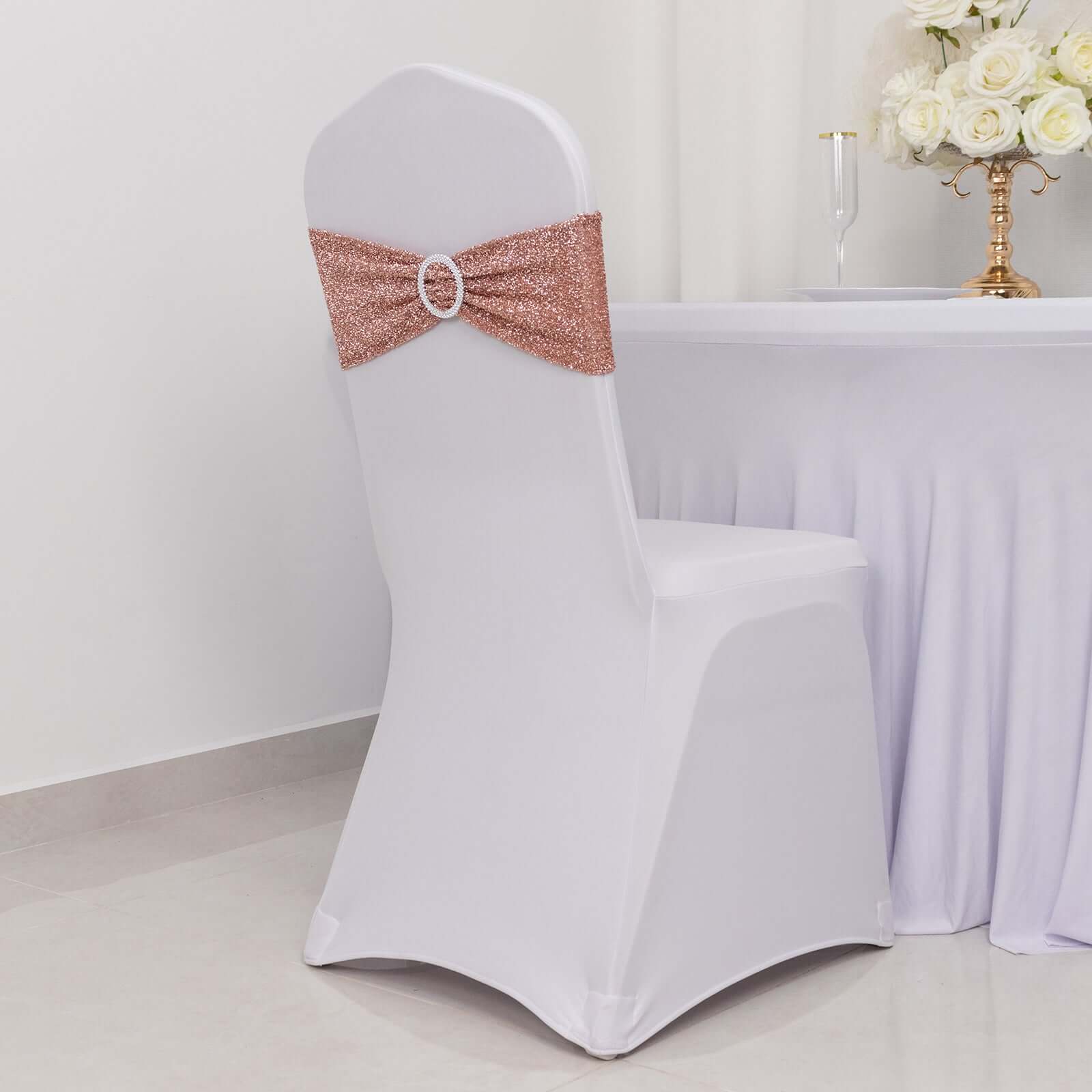 5 Pack Chair Sashes Shimmer Tinsel Spandex 5"x12" with Silver Rhinestone Buckles Rose Gold