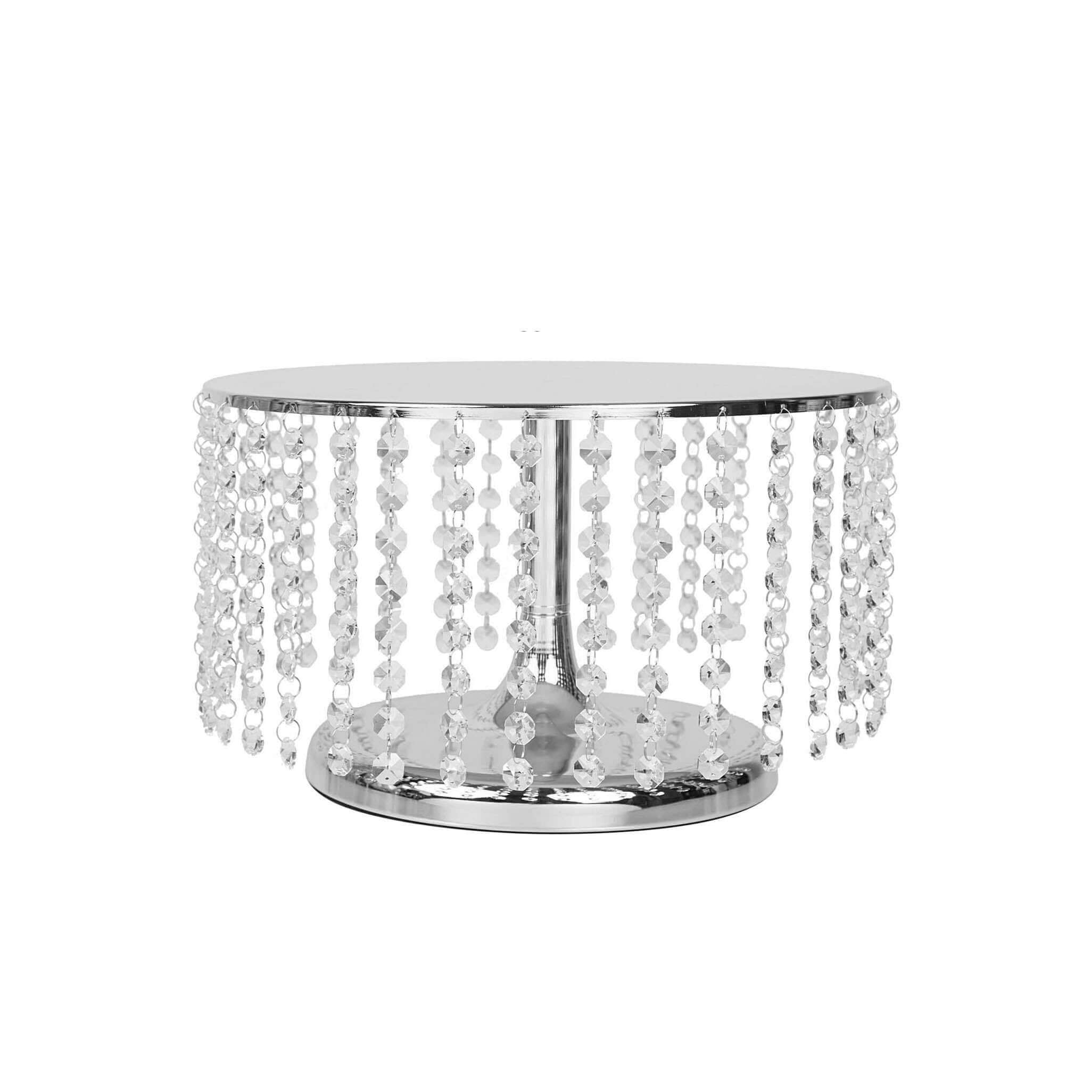 Metal Cake Stand Round Design Metallic Silver with Crystal Chains 14" Dia - Cupcake Dessert Pedestal 8" Tall