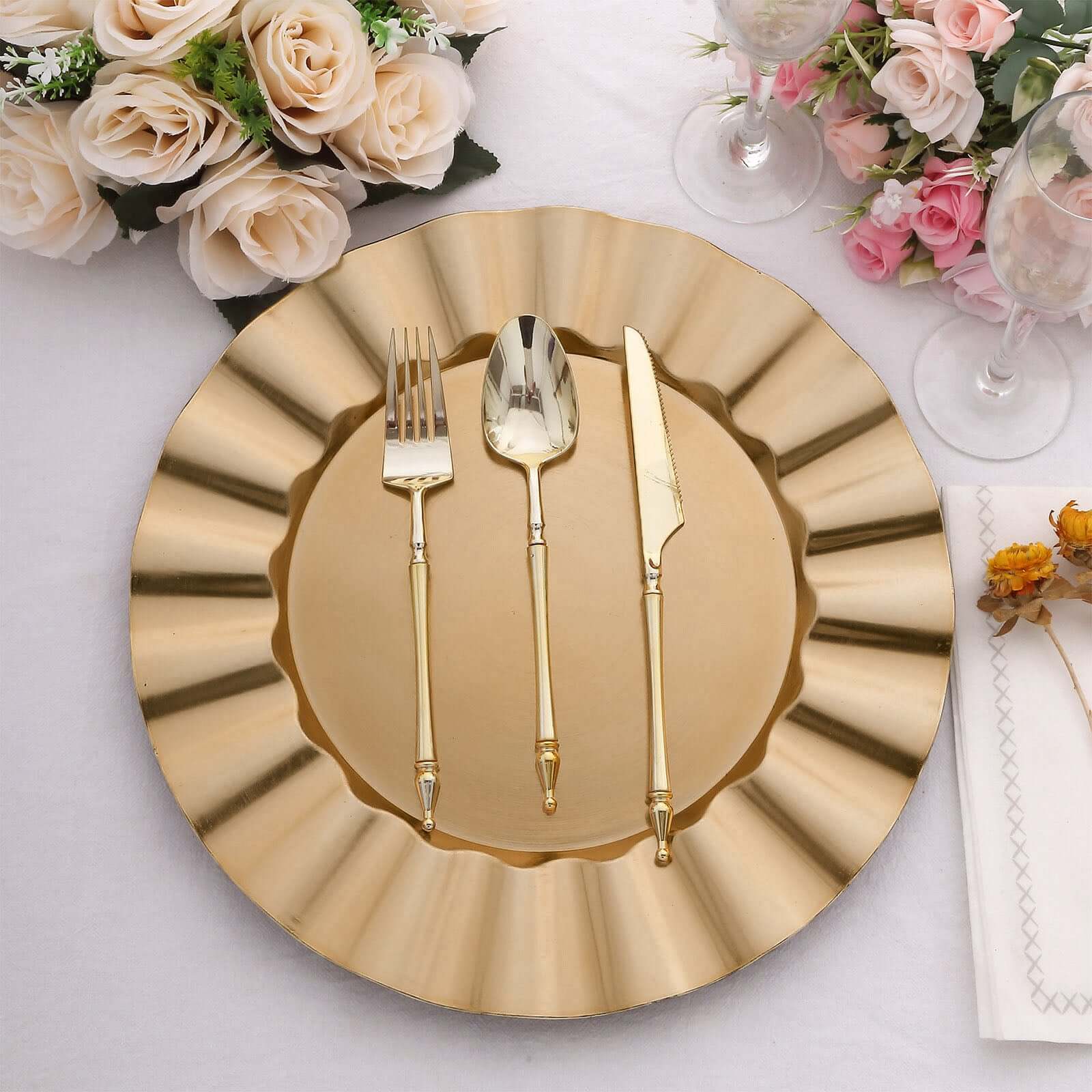 6-Pack Acrylic Plastic Round Charger Plates 13" in Gold with Wavy Scalloped Rim, Decorative Dinner Party Charger Tableware