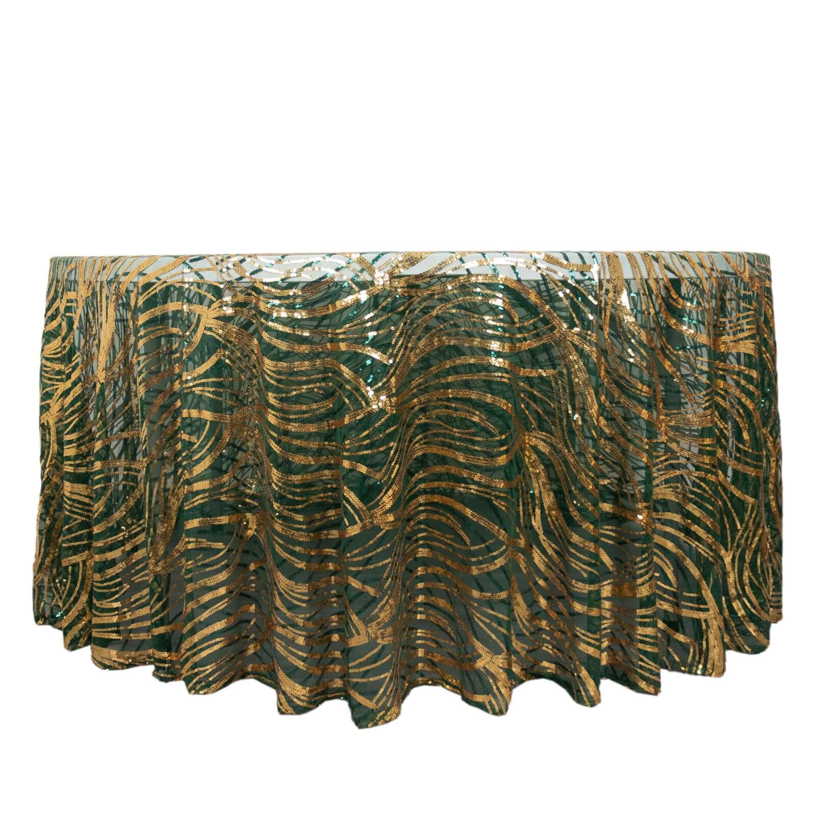 Sequin Mesh 120" Round Tablecloth Hunter Emerald Green/Gold - Seamless Wave Embroidered Table Cover