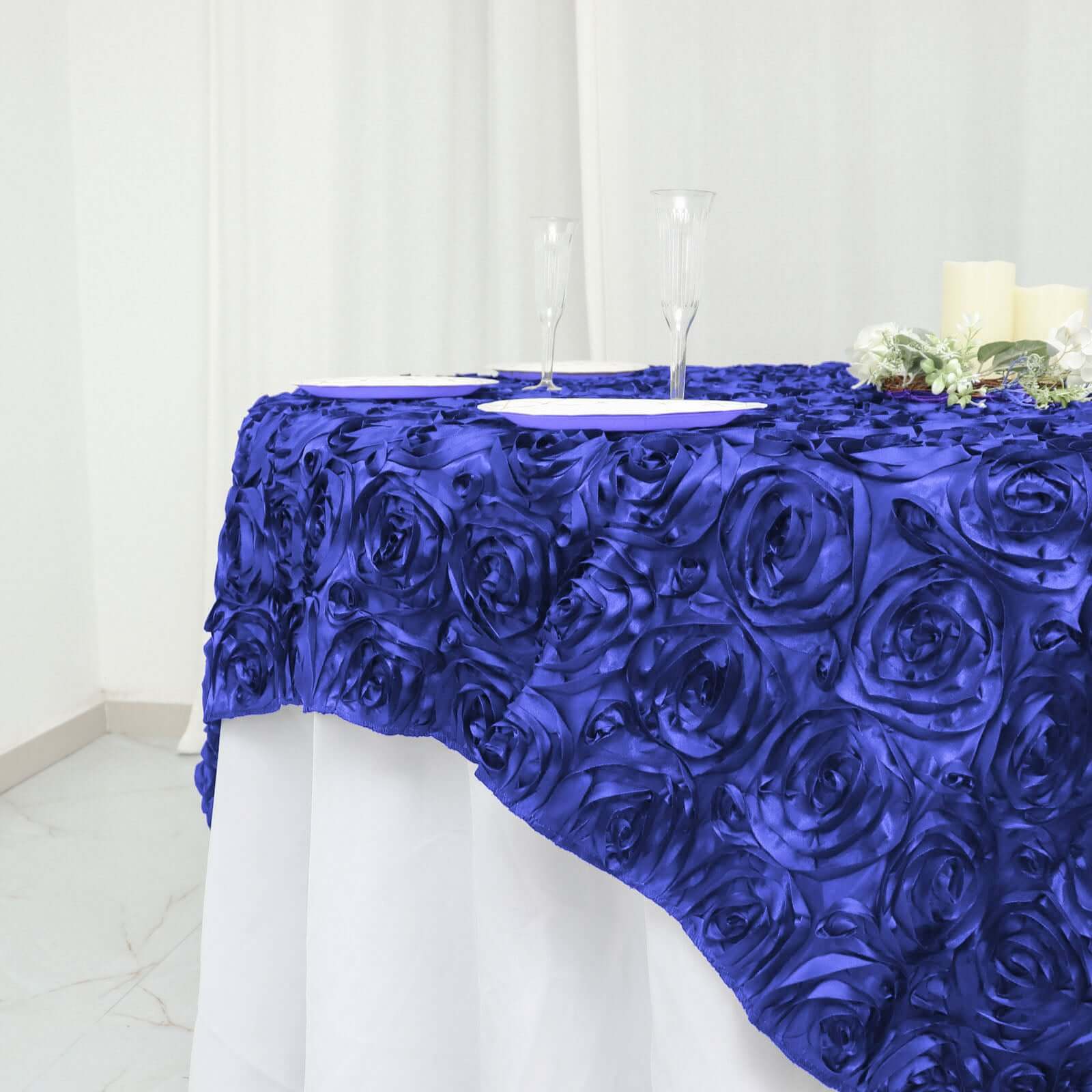 Satin 72"x72" Table Overlay Square Tablecloth Royal Blue - 3D Rosette Table Cover