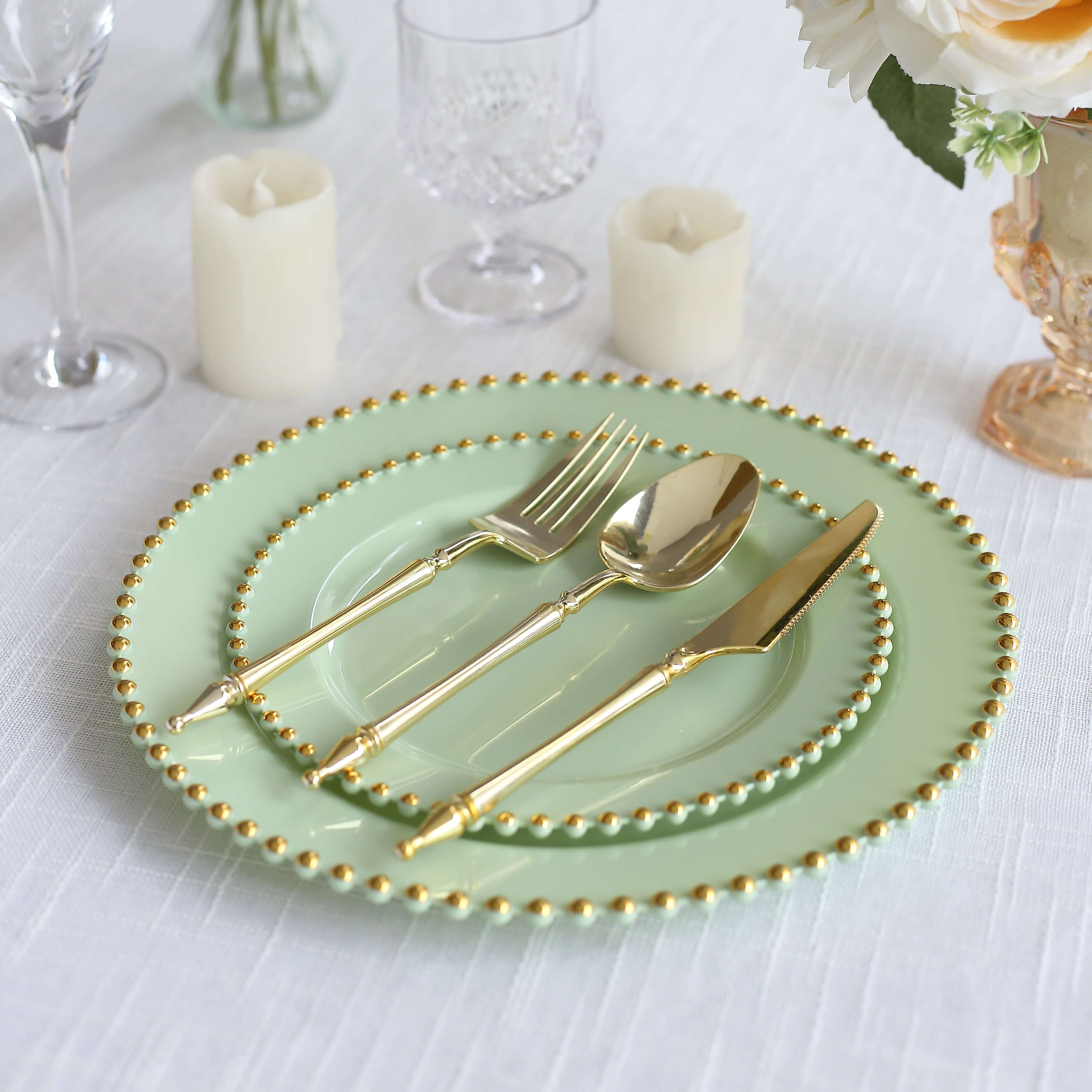 10-Pack Sage Green Plastic Dessert Plates – 8" Round with Gold Beaded Rim, Disposable for Parties & Events