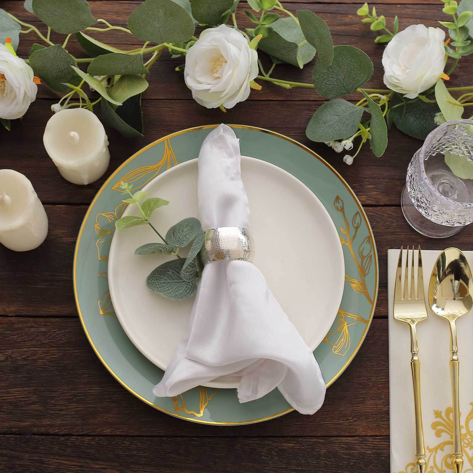 Set of 20 Plastic Round Dinner and Dessert Plates in Dusty Sage Green with Metallic Gold Floral Design - Stylish Disposable Dinnerware 8", 10"
