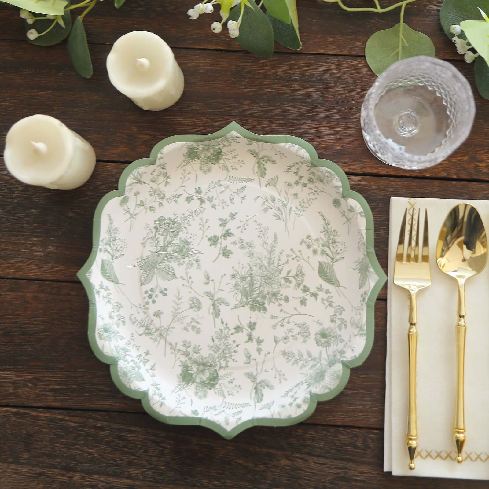 25-Pack Paper 10" Round Dinner Plates in White with Sage Green French Toile Design & Scalloped Rim - Disposable 300GSM Party Plates for Classy Events & Special Occasions