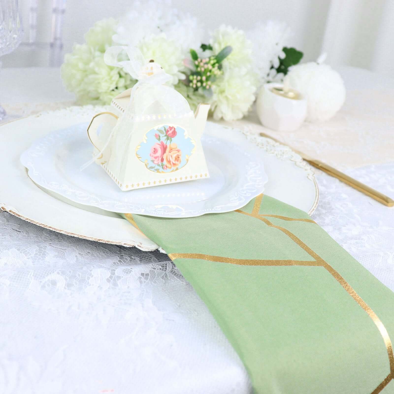 5 Pack Polyester 20"x20" Napkins Sage Green with Gold Geometric Foil Pattern - Modern Reusable Dinner Napkins