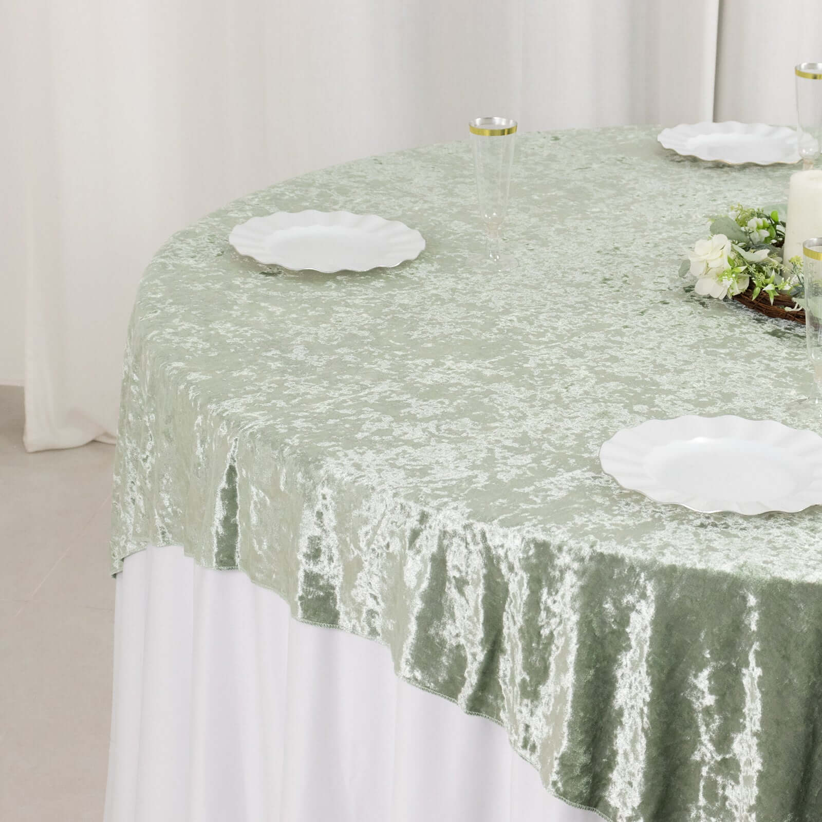 Velvet 72"x72" Table Overlay Square Tablecloth Sage Green - Premium Crushed Design for Stylish Celebrations