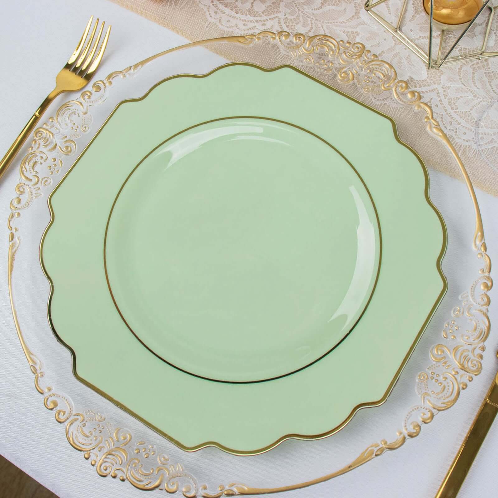 10-Pack Plastic Dinner Plates in Sage Green Baroque Design with Scalloped Gold Rim - Heavy Duty Disposable Party Plates 11"
