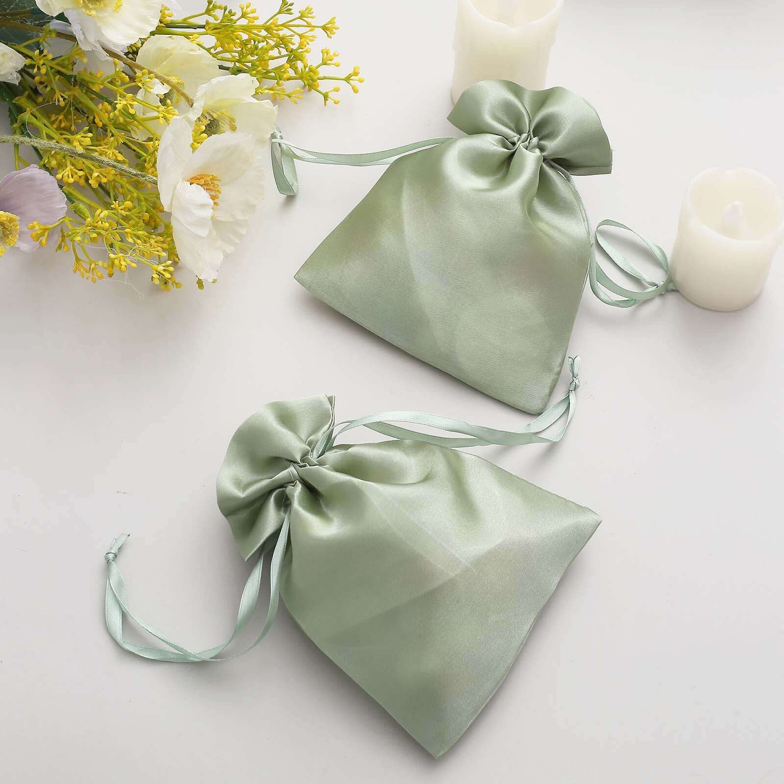 12 Pack 5"x7" Sage Green Satin Drawstring Wedding Party Favor Gift Bags, Drawstring Pouch Gift Bags