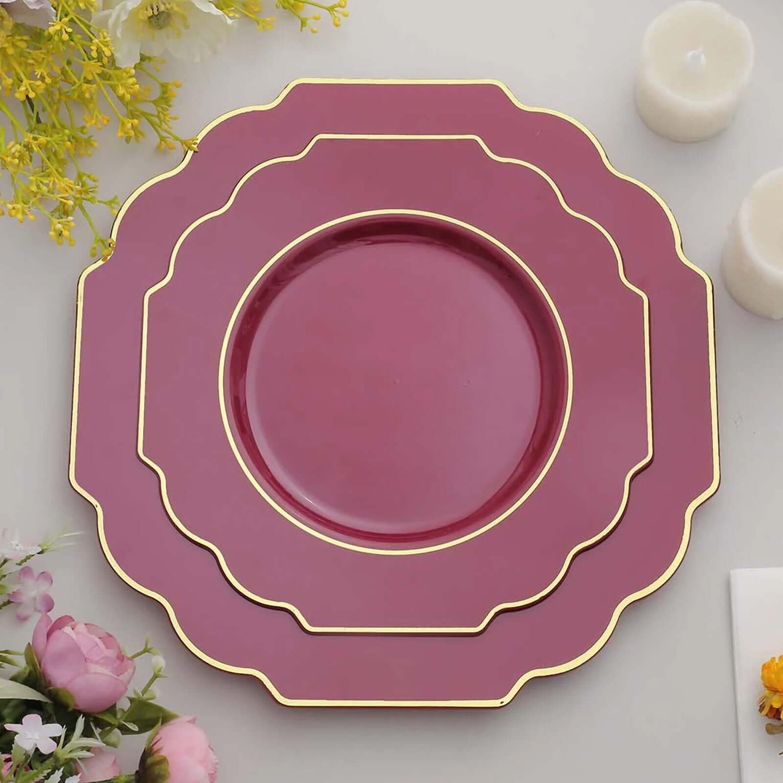 10-Pack Plastic Dessert Appetizer Plates in Burgundy Baroque Design with Scalloped Gold Rim - Heavy Duty Disposable Salad Plates 8"