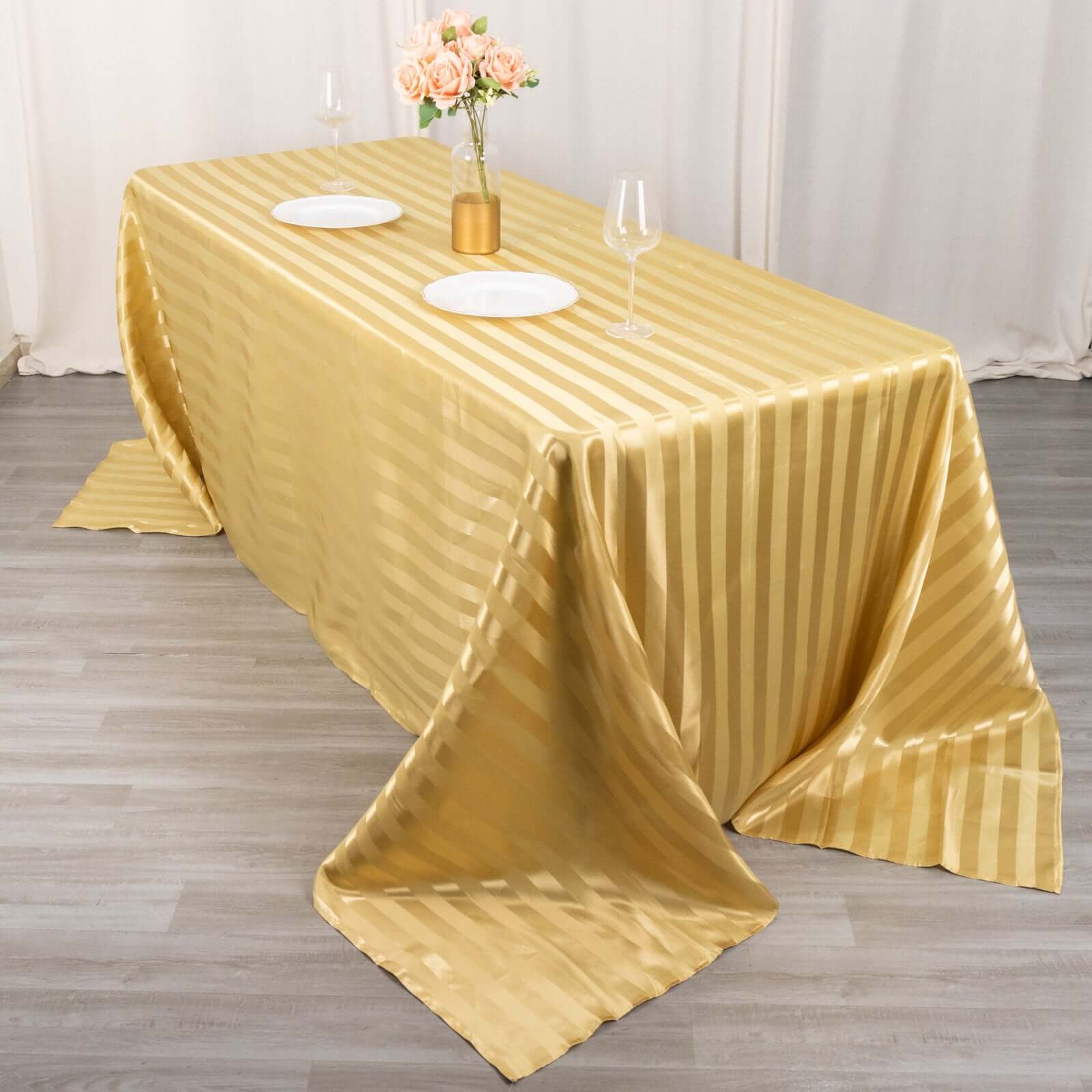 Satin Striped 90"x132" Rectangular Tablecloth Champagne Satin Stripe - Seamless Silky Smooth Table Cover