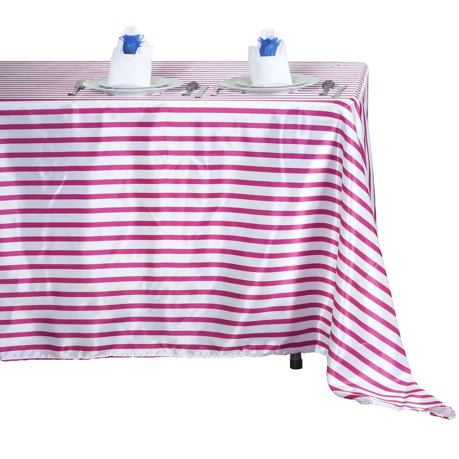Satin 60"x102" Rectangle Tablecloth White/Fuchsia - Stripe Design with Silky Smooth Finish Table Cover