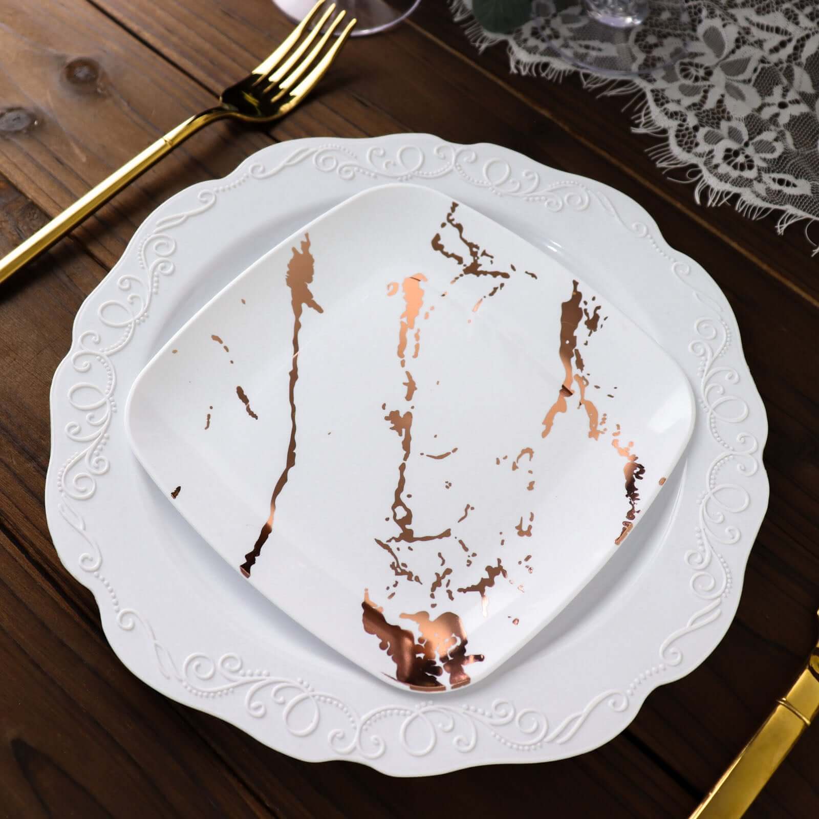 10-Pack Plastic 6" Square Appetizer Snack Plates in White with Rose Gold Marble Design - Disposable Dessert Party Plates for Weddings, Banquets & Special Events