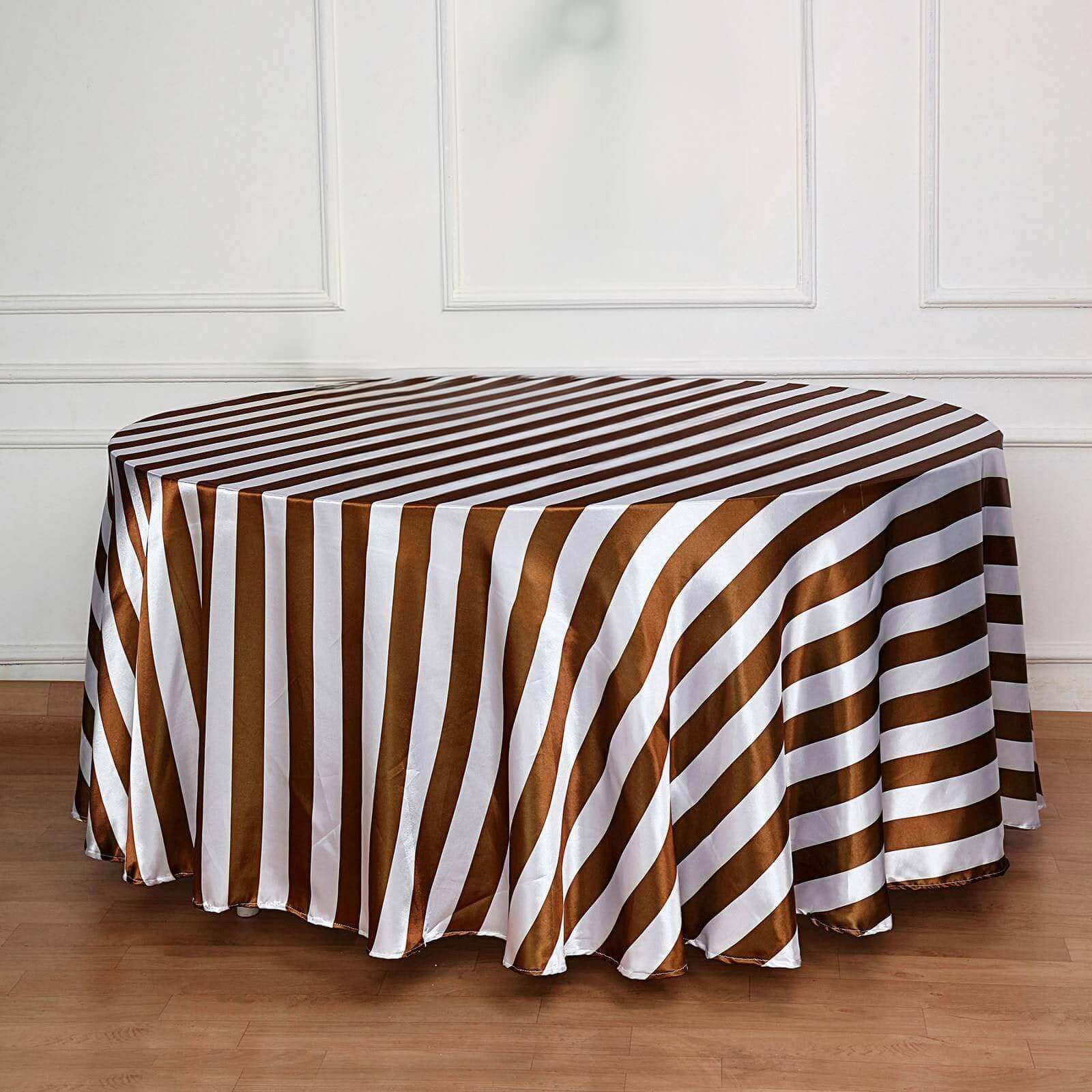 Satin 120" Round Tablecloth Gold/White - Stripe Design with Seamless Silky Smooth Finish Table Cover