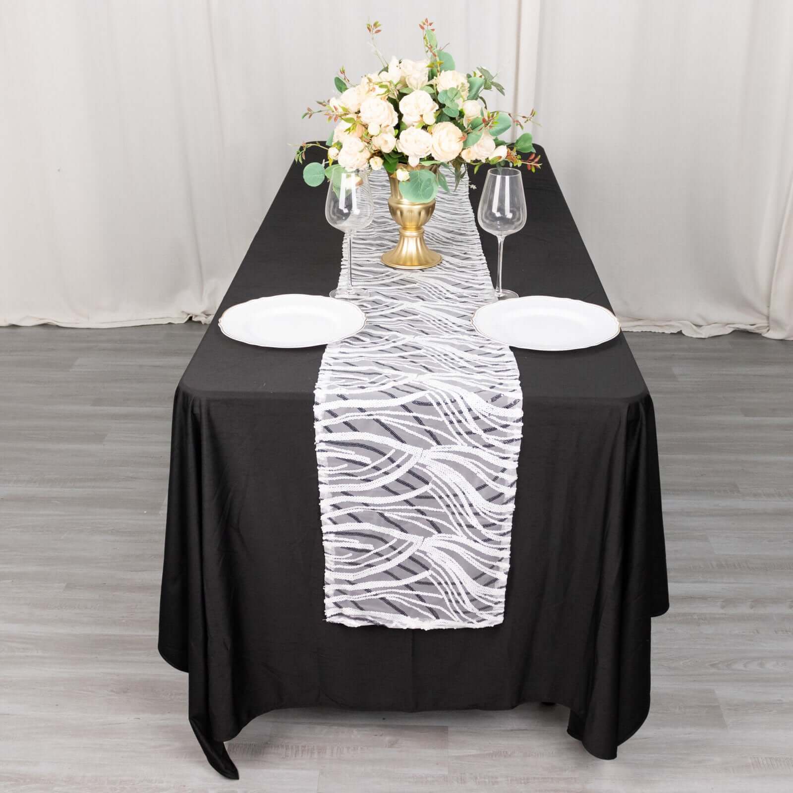 Sequin Mesh 12"x108" Table Runner White Black Stylish Wave Embroidery