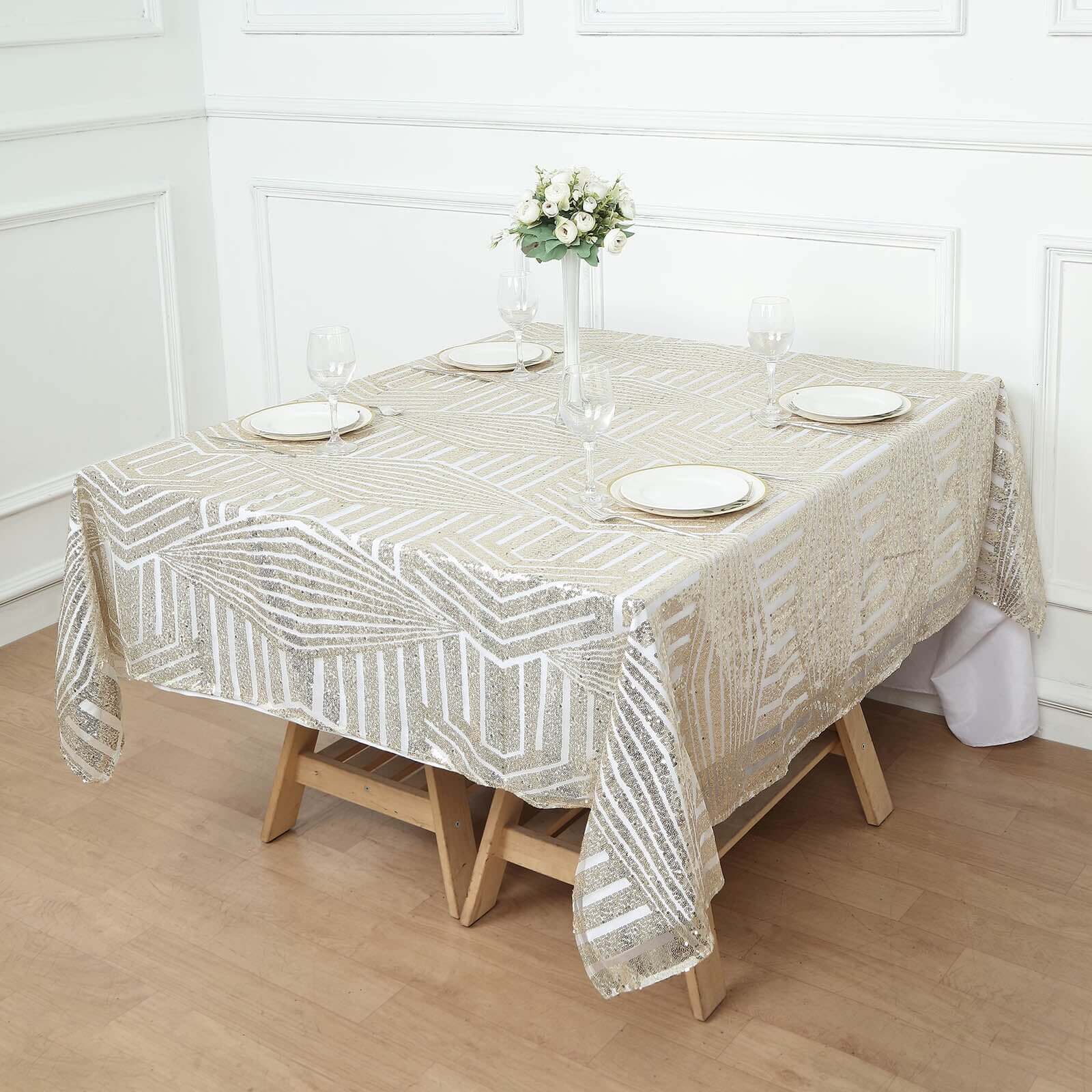 Sequin 72" Table Overlay Square Tablecloth Champagne - Diamond Glitz Table Cover