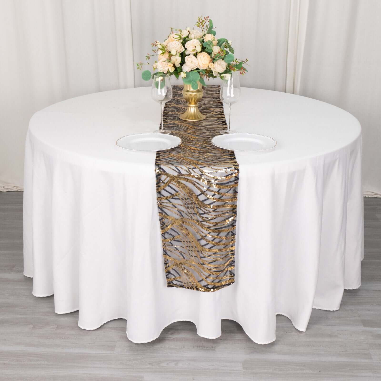Sequin Mesh 12"x108" Table Runner Black Gold Stylish Wave Embroidery