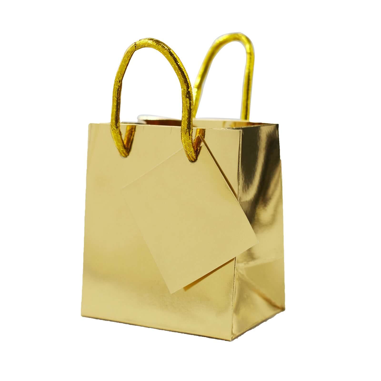 12 Pack 5" Shiny Metallic Gold Foil Paper Party Favor Bags With Handles, Small Gift Wrap Goodie Bags