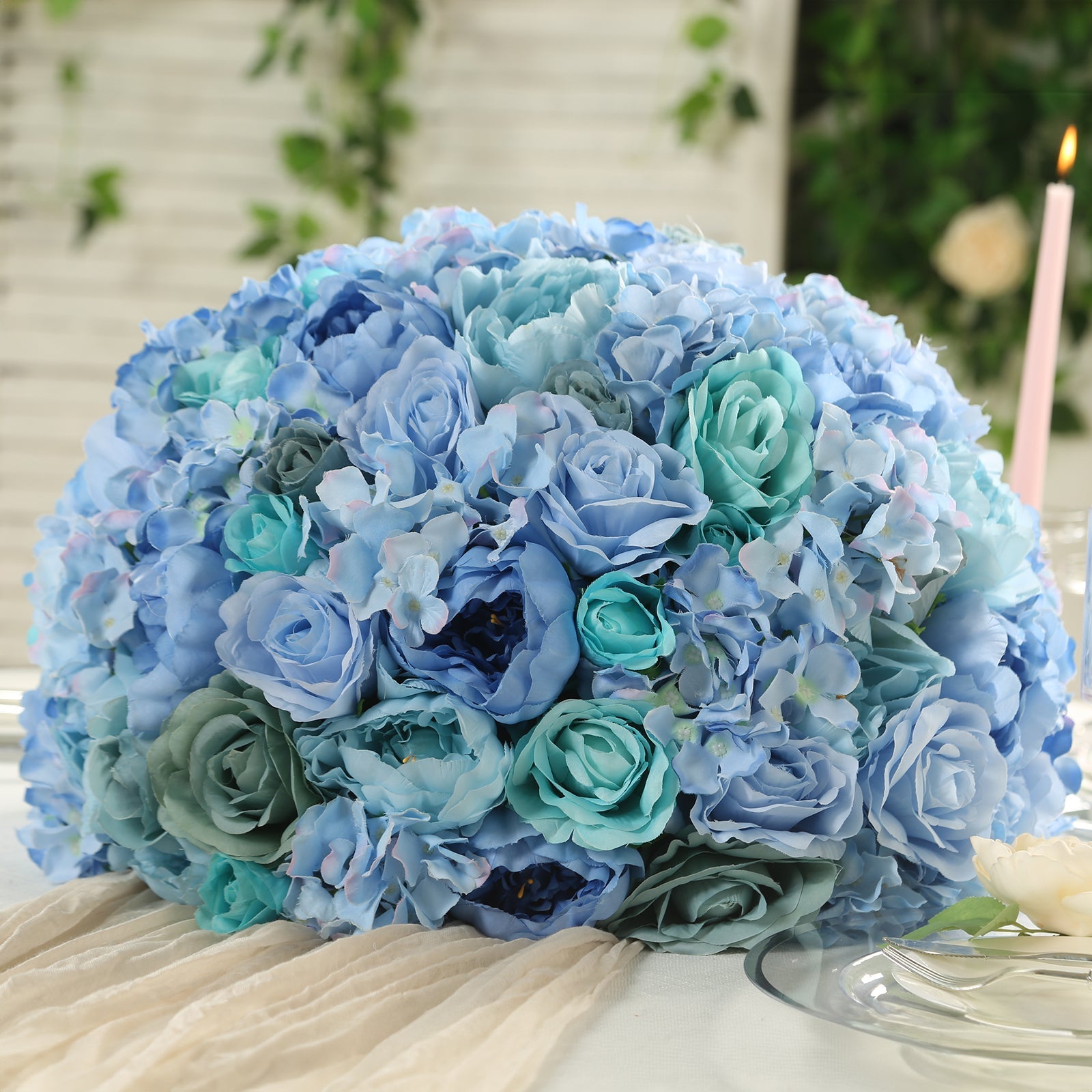 Pre-Arranged Silk Rose Bouquet Floral Arrangement Table Decor, Large Blue Artificial Rose Flower Balls Wedding Centerpieces - 20"